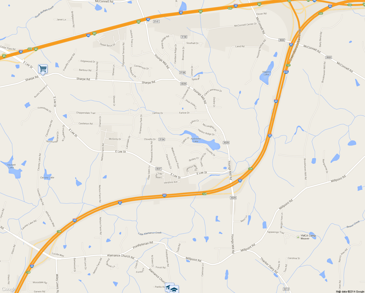 map of restaurants, bars, coffee shops, grocery stores, and more near 2303 Labrador Court in Greensboro