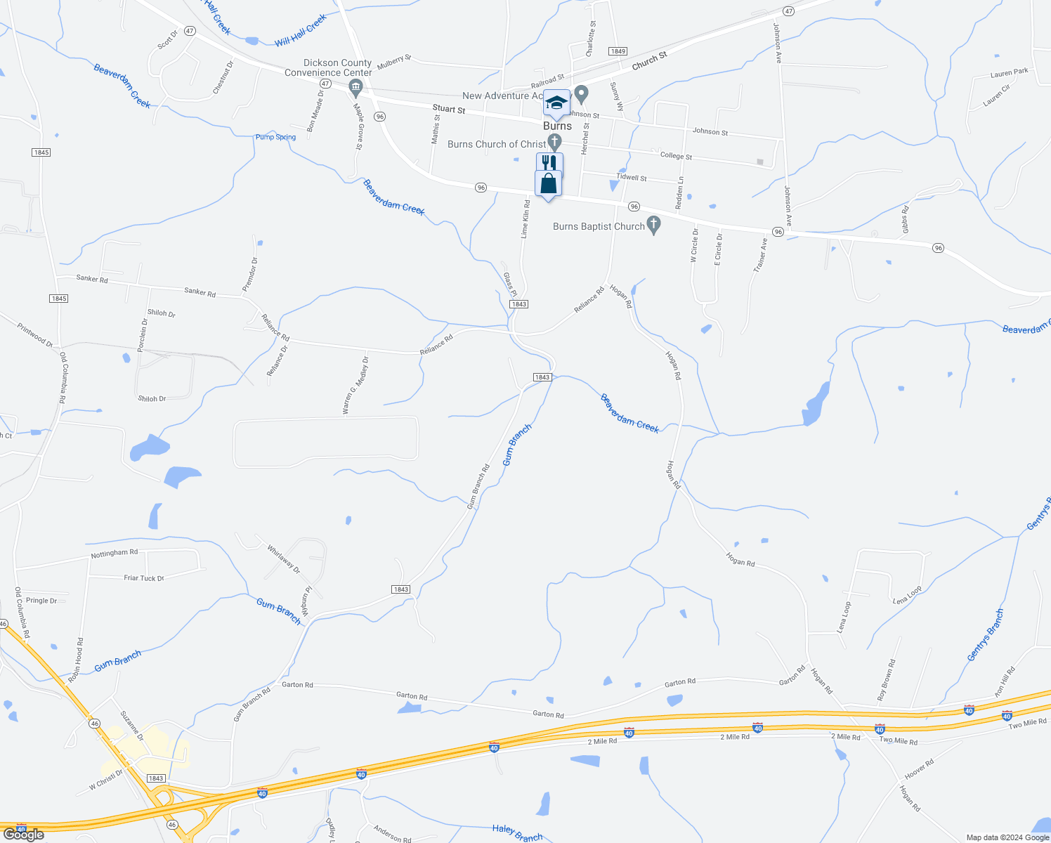 map of restaurants, bars, coffee shops, grocery stores, and more near in Dickson
