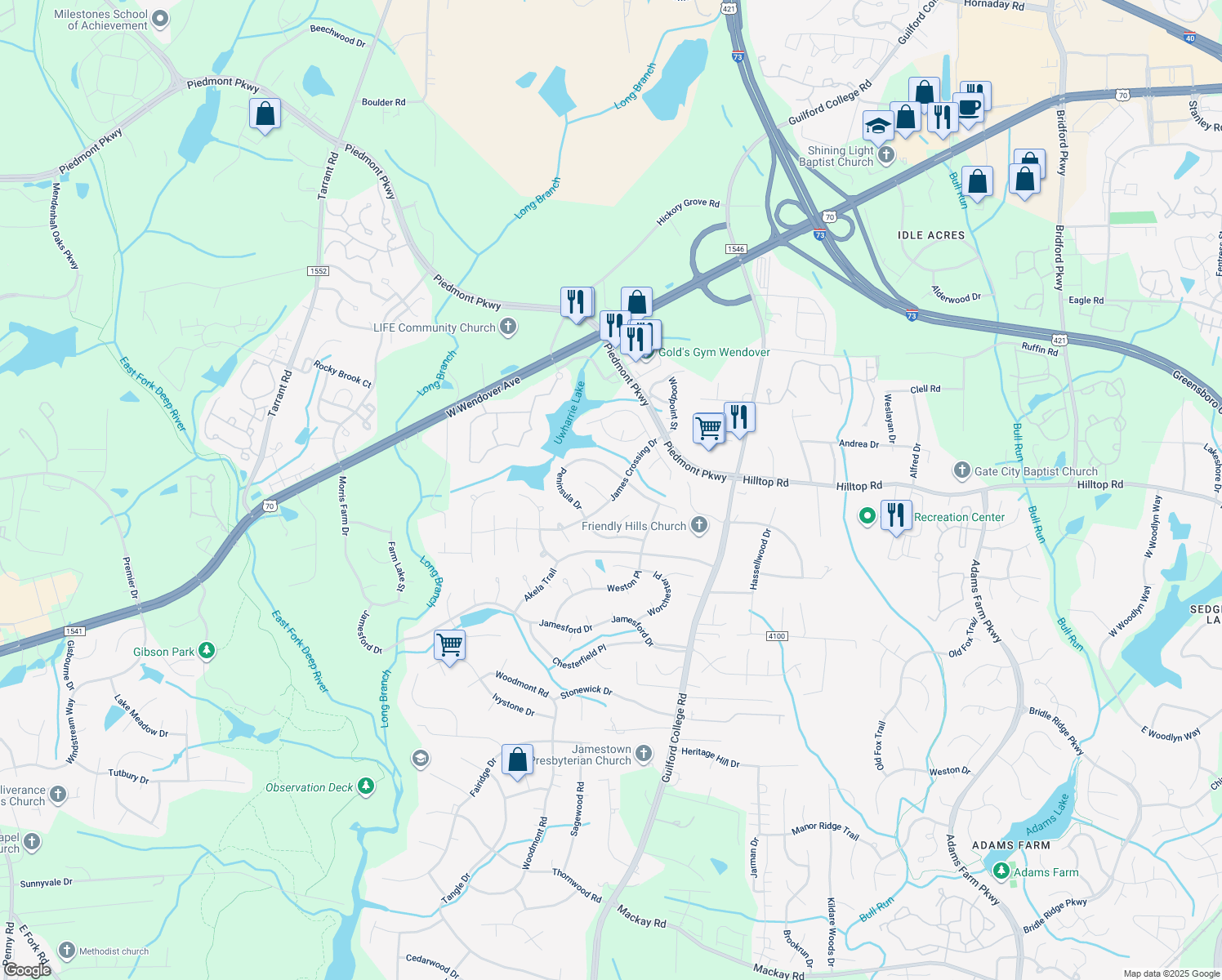 map of restaurants, bars, coffee shops, grocery stores, and more near 4625 James Crossing Drive in Jamestown