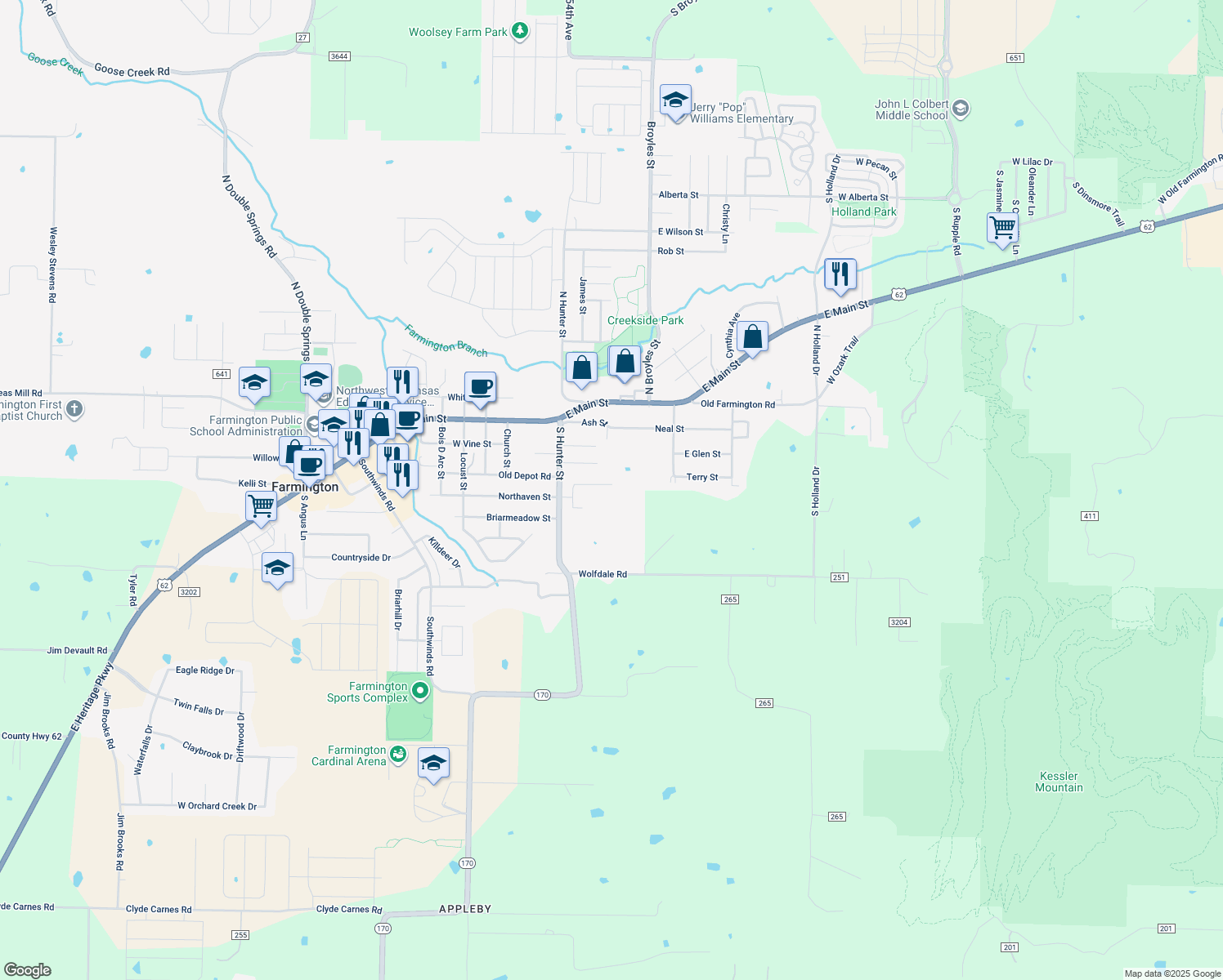 map of restaurants, bars, coffee shops, grocery stores, and more near 59 Terry St in Farmington