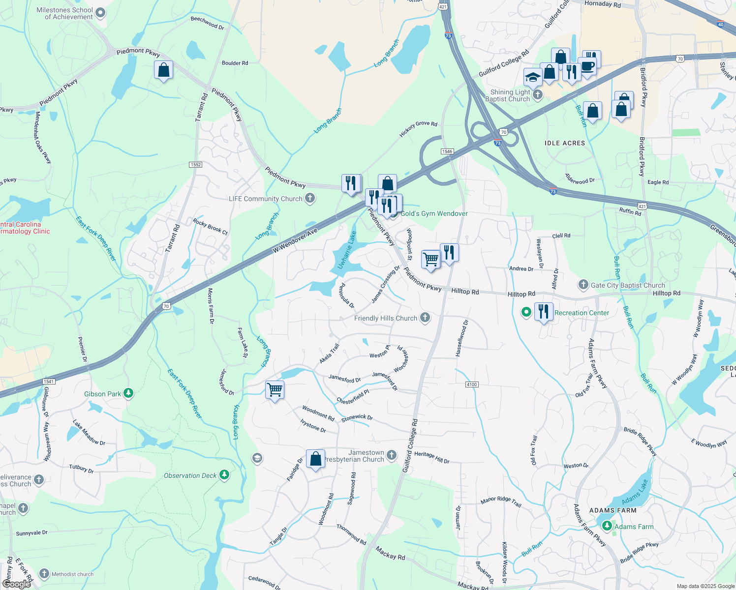 map of restaurants, bars, coffee shops, grocery stores, and more near 3102 James Bay Court in Jamestown