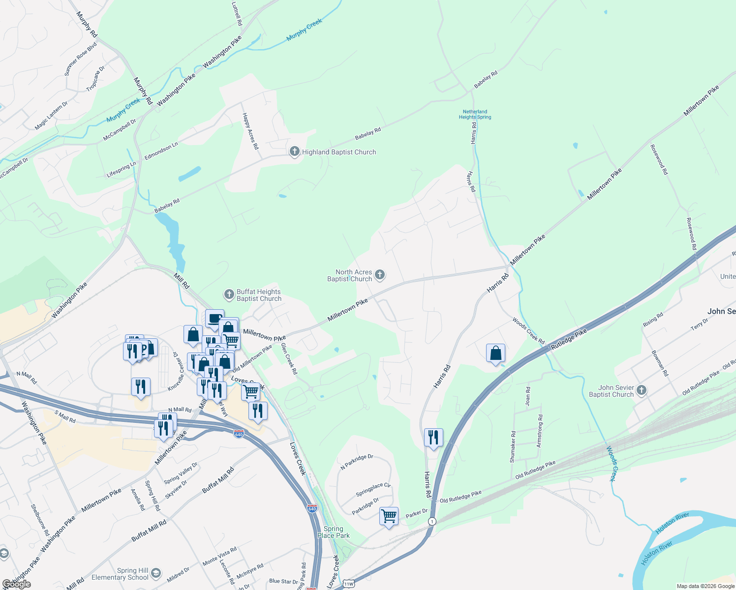 map of restaurants, bars, coffee shops, grocery stores, and more near 2701 Mary Emily Ln in Knoxville