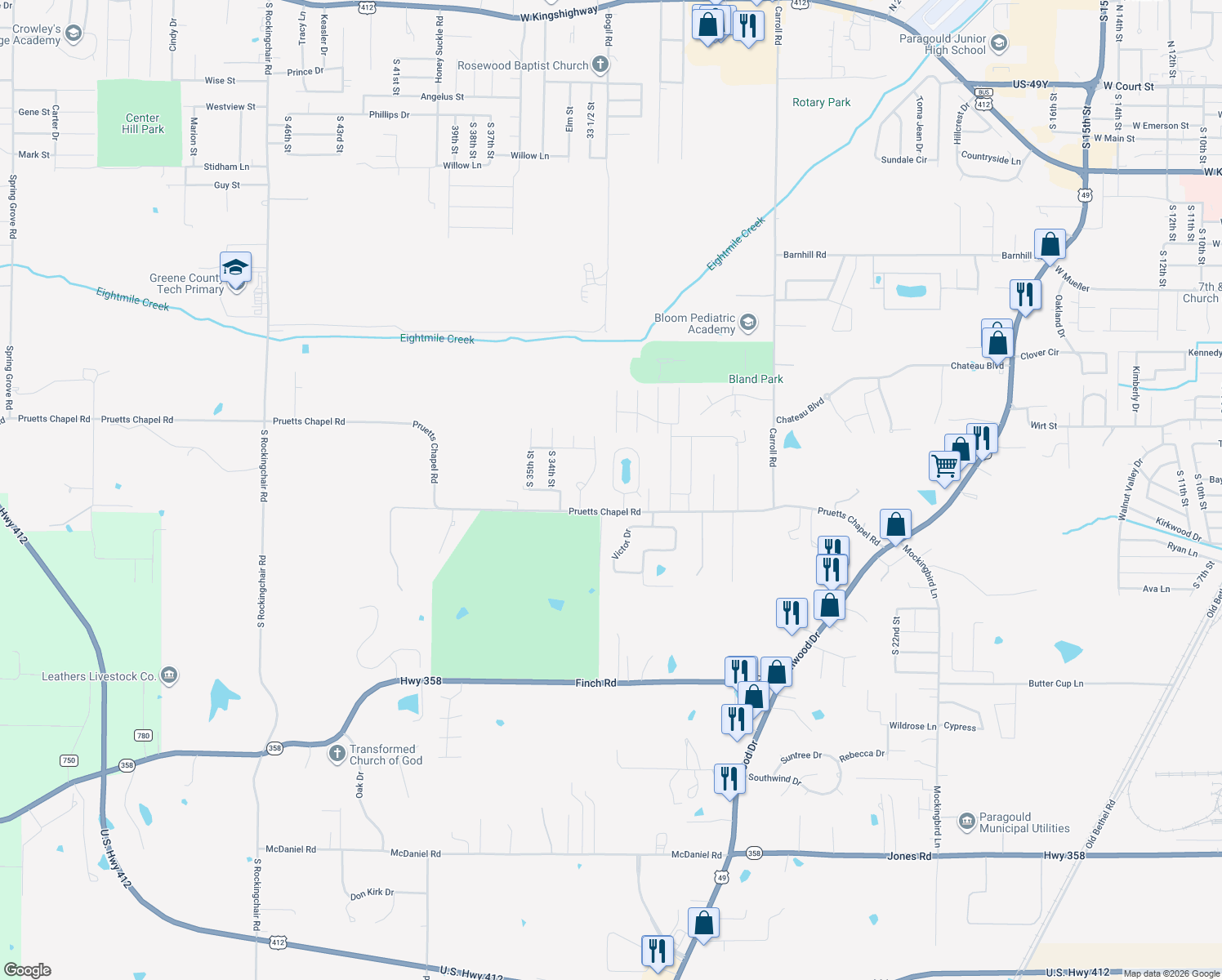 map of restaurants, bars, coffee shops, grocery stores, and more near 3 Enclave Circle in Paragould