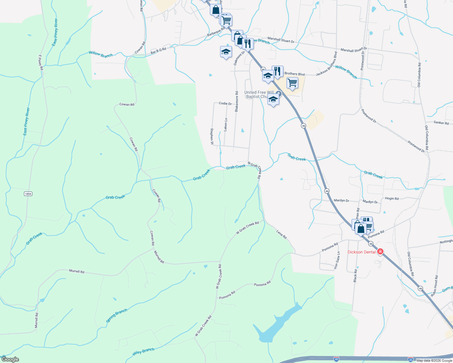 map of restaurants, bars, coffee shops, grocery stores, and more near 190 Clifton Cemetery Road in Dickson