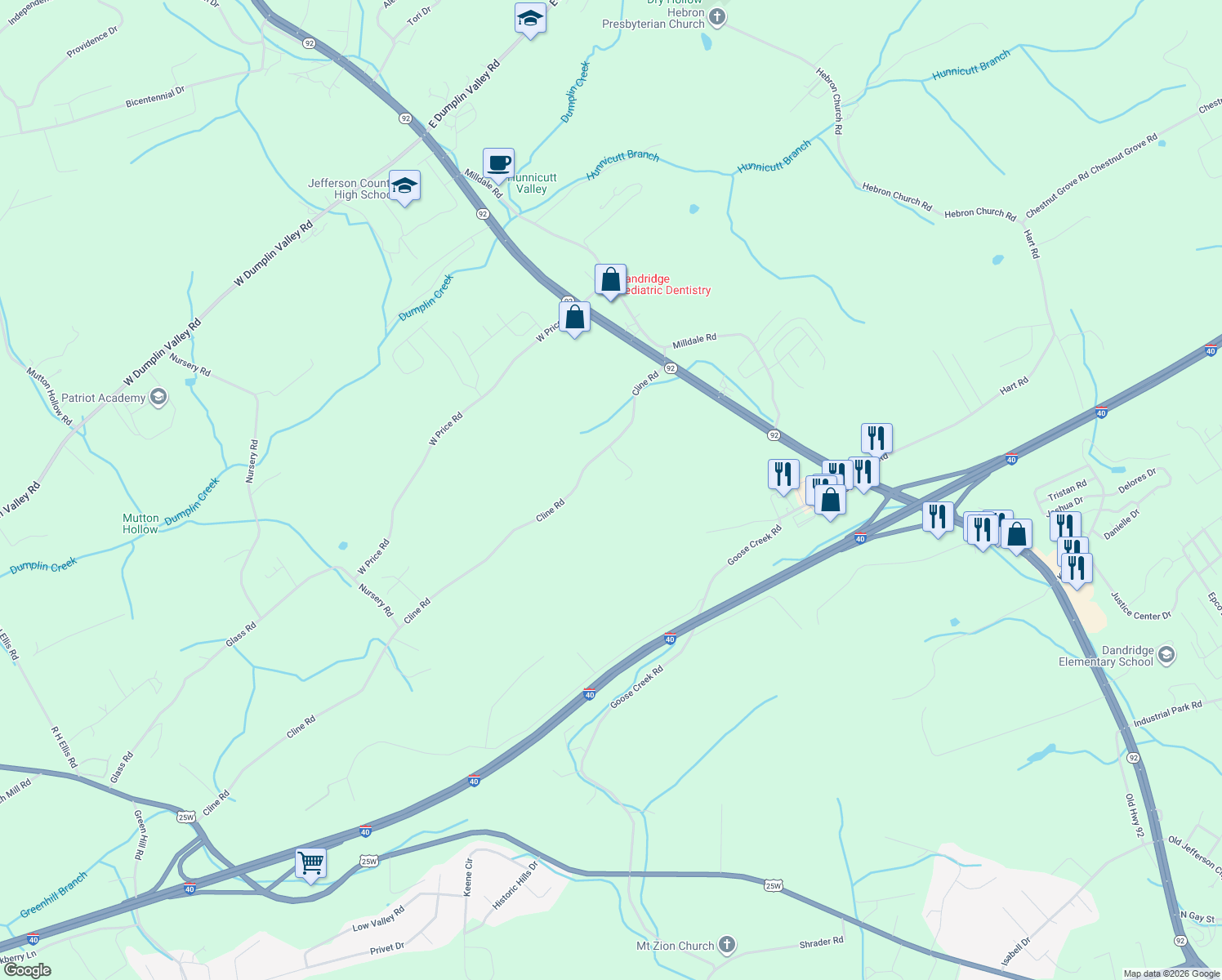 map of restaurants, bars, coffee shops, grocery stores, and more near 163 Rabbit Run Way in Dandridge