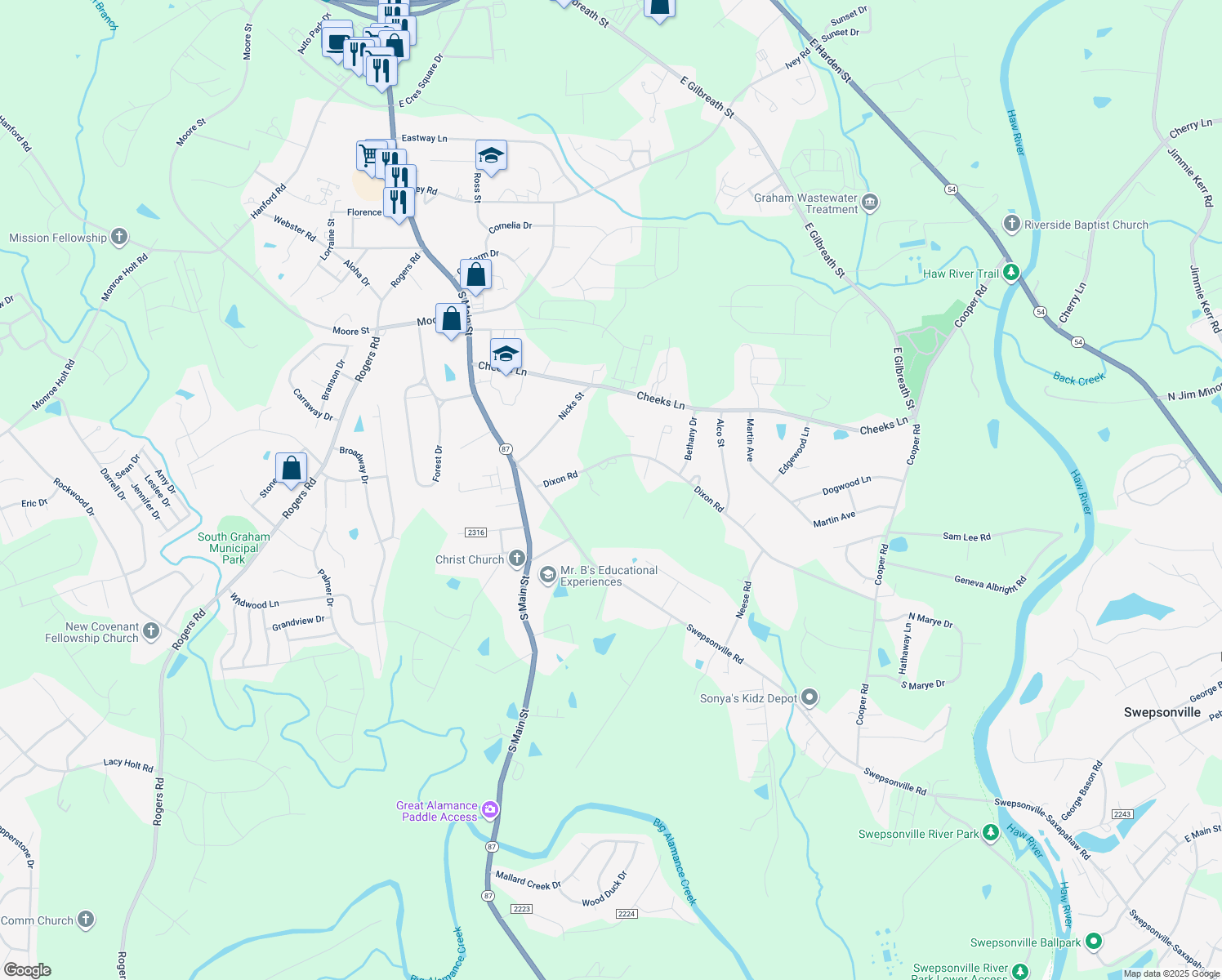 map of restaurants, bars, coffee shops, grocery stores, and more near 201 Dixon Road in Graham