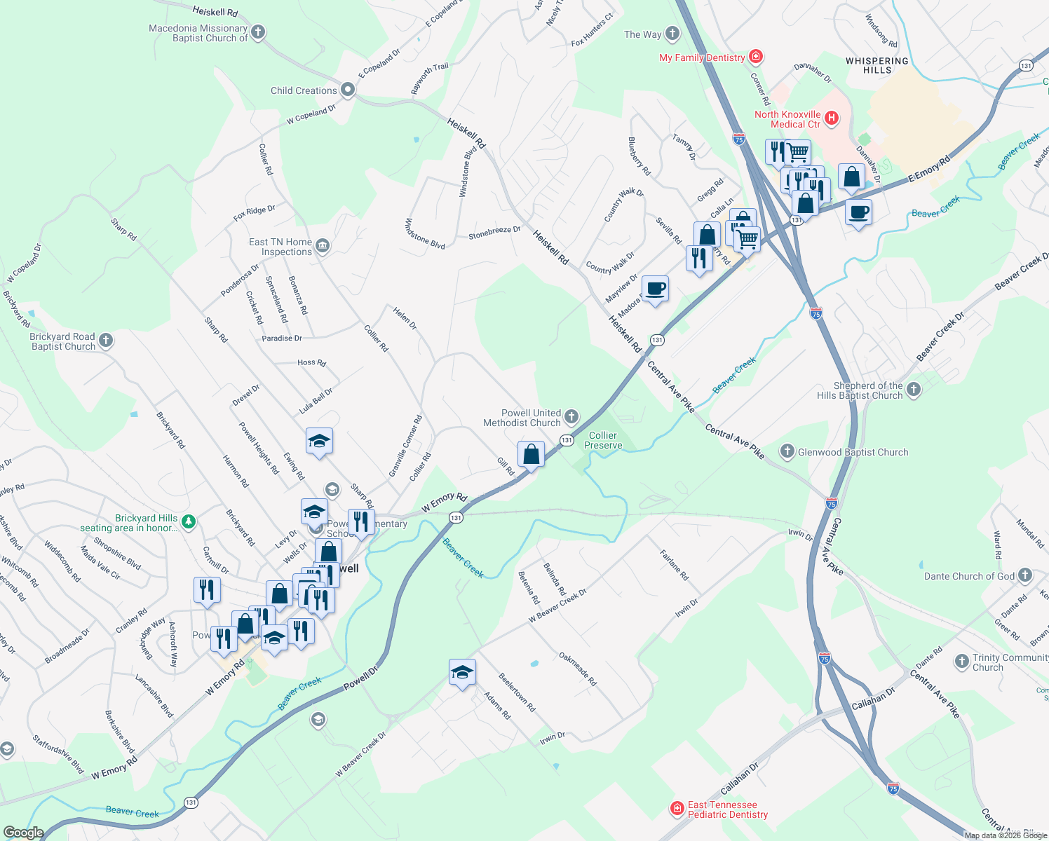 map of restaurants, bars, coffee shops, grocery stores, and more near 327 Granville Conner Road in Powell