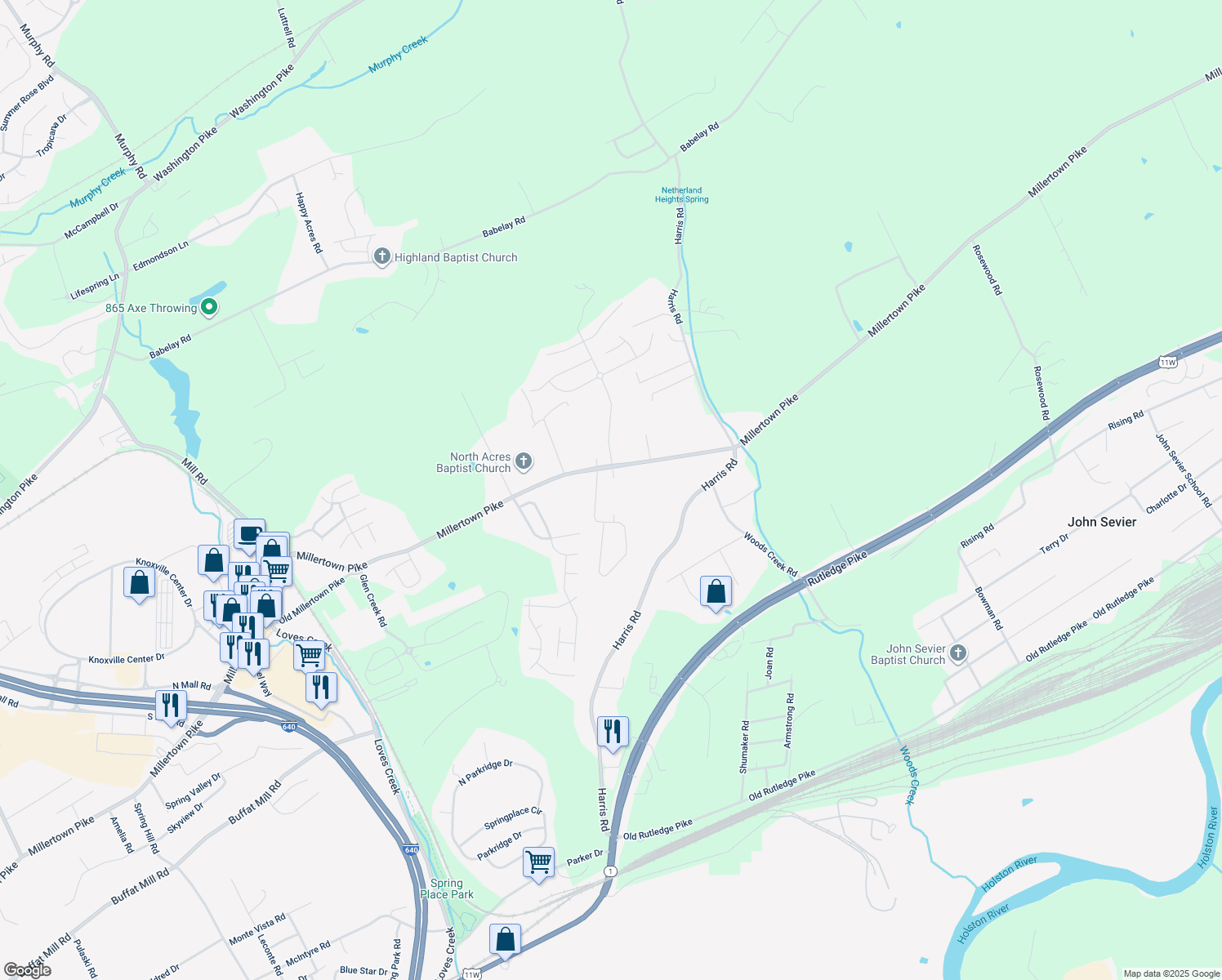 map of restaurants, bars, coffee shops, grocery stores, and more near 6106 Millertown Pike in Knoxville