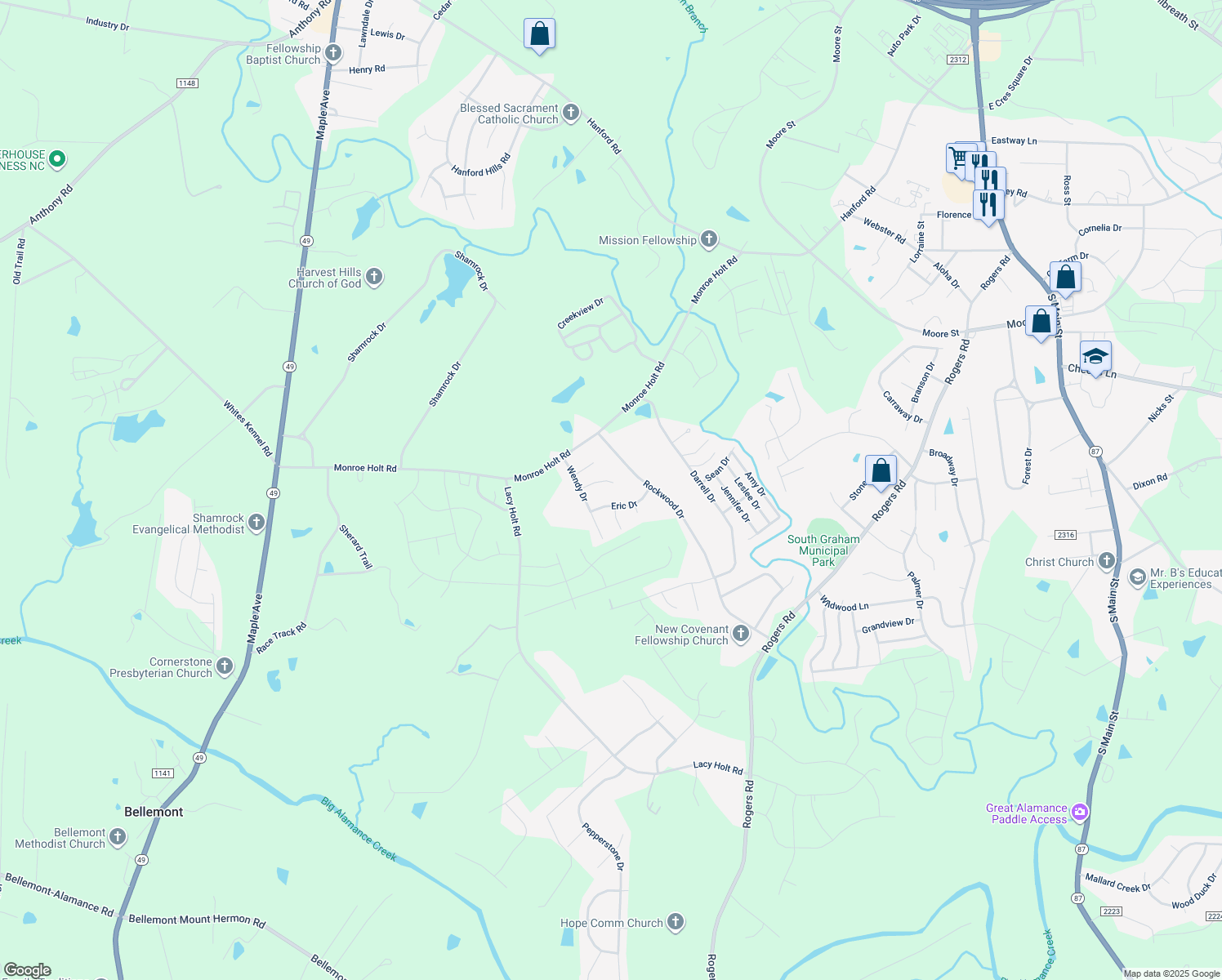 map of restaurants, bars, coffee shops, grocery stores, and more near 1820 Sonja Court in Graham