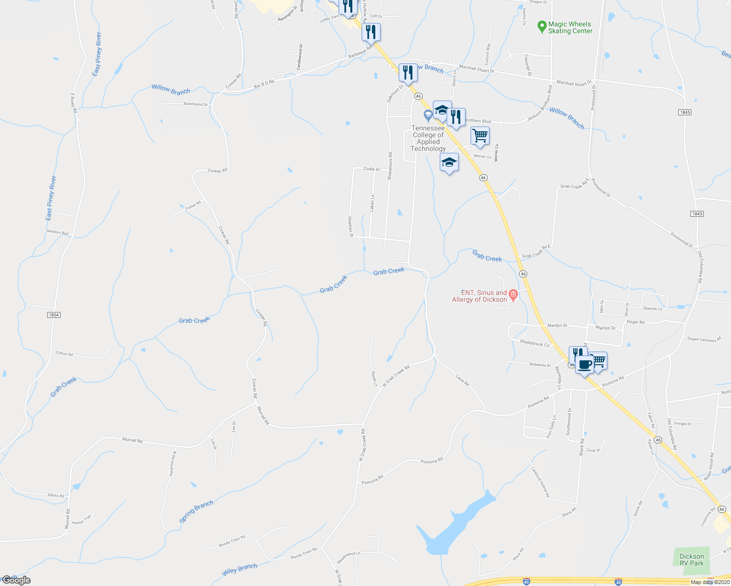 map of restaurants, bars, coffee shops, grocery stores, and more near 190 Clifton Cemetery Road in Dickson