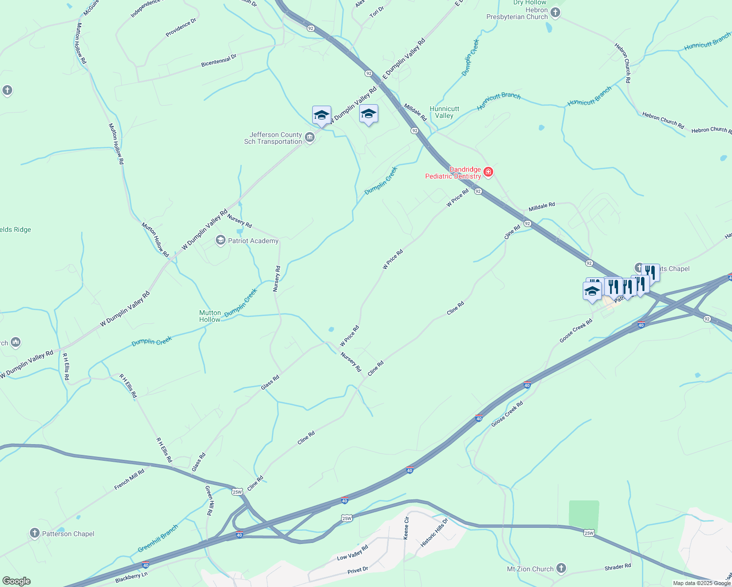 map of restaurants, bars, coffee shops, grocery stores, and more near 258 West Price Road in Dandridge