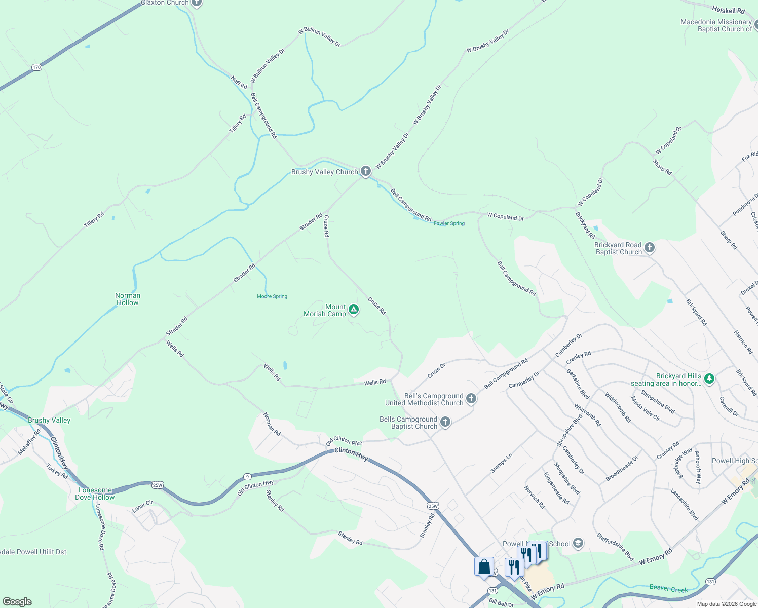 map of restaurants, bars, coffee shops, grocery stores, and more near 217 Cruze Road in Powell