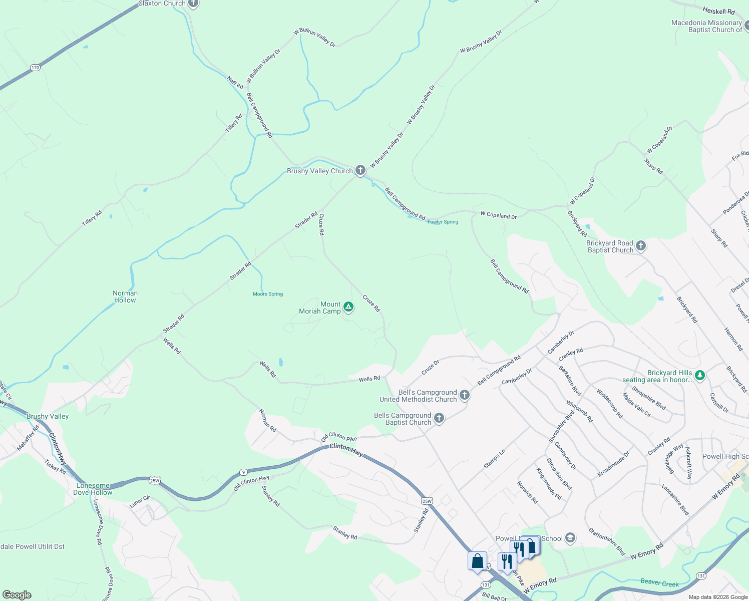 map of restaurants, bars, coffee shops, grocery stores, and more near 217 Cruze Road in Powell