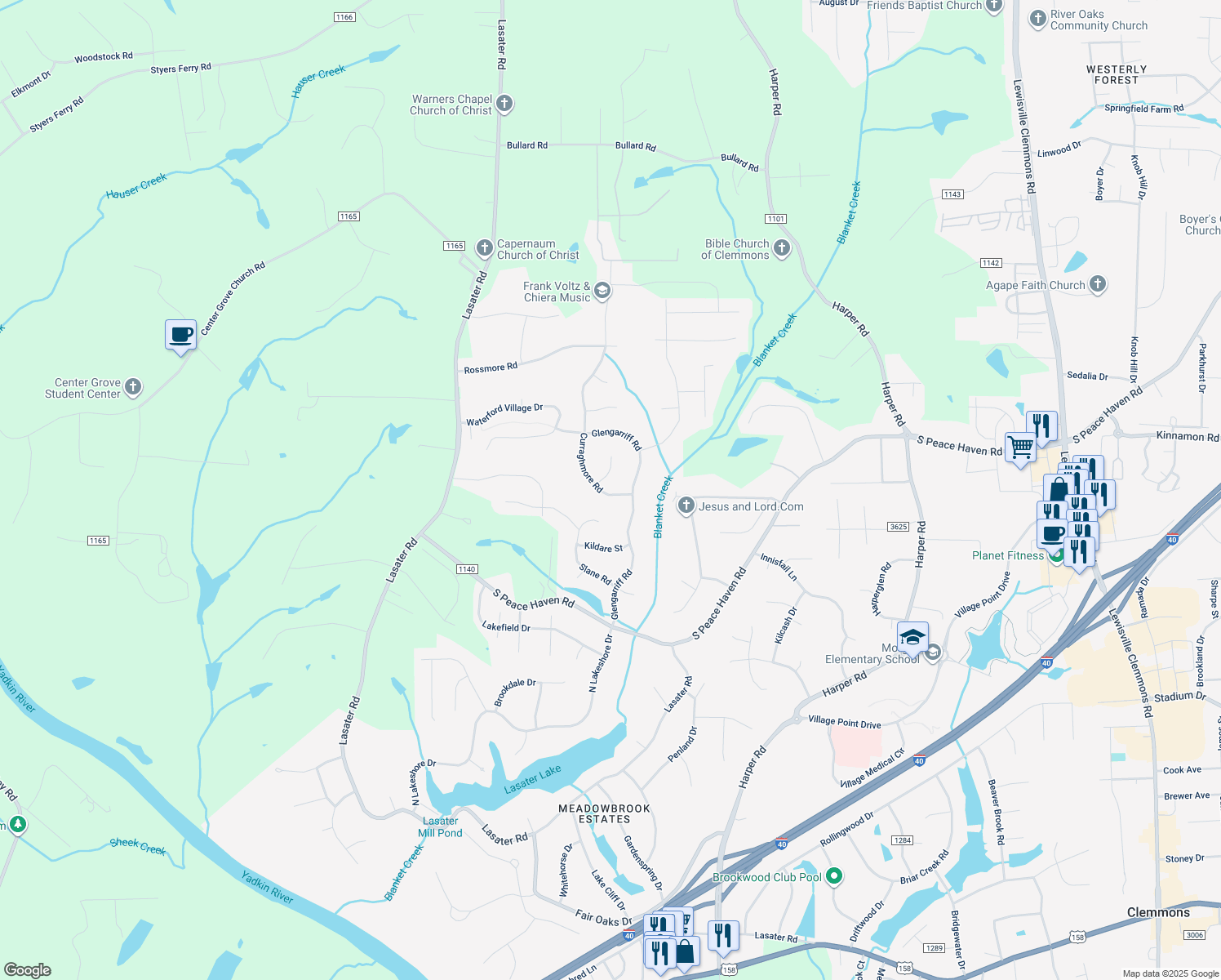 map of restaurants, bars, coffee shops, grocery stores, and more near 1709 Curraghmore Road in Clemmons