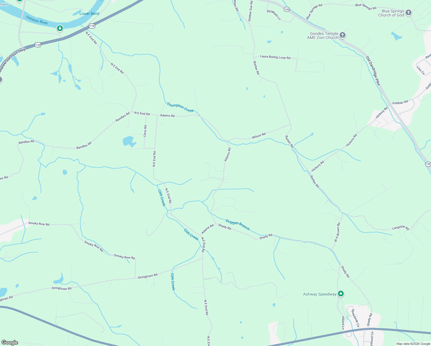 map of restaurants, bars, coffee shops, grocery stores, and more near 717 Adams Road in Strawberry Plains