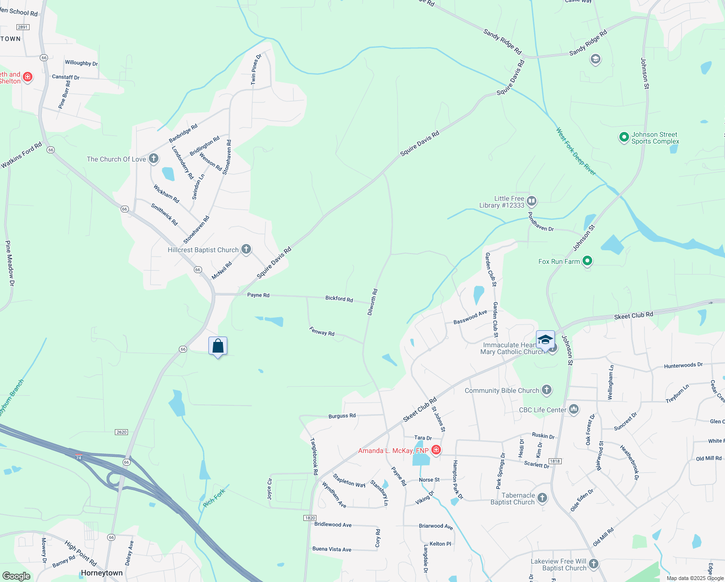 map of restaurants, bars, coffee shops, grocery stores, and more near 401 Dilworth Road in Kernersville