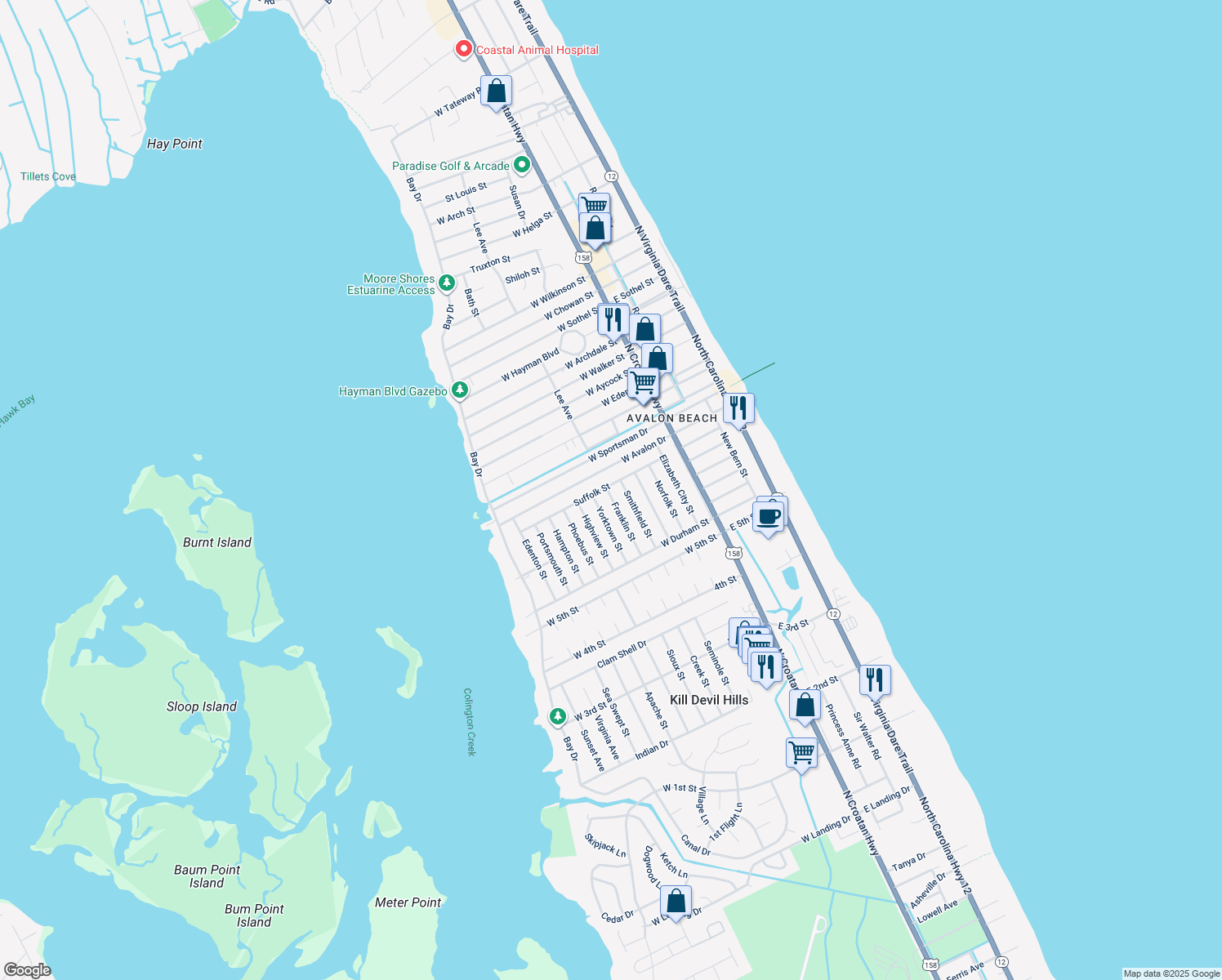 map of restaurants, bars, coffee shops, grocery stores, and more near 507 Suffolk Street in Kill Devil Hills