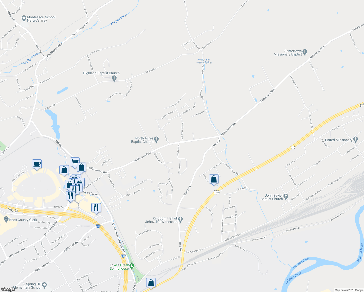 map of restaurants, bars, coffee shops, grocery stores, and more near 6104 Millertown Pike in Knoxville