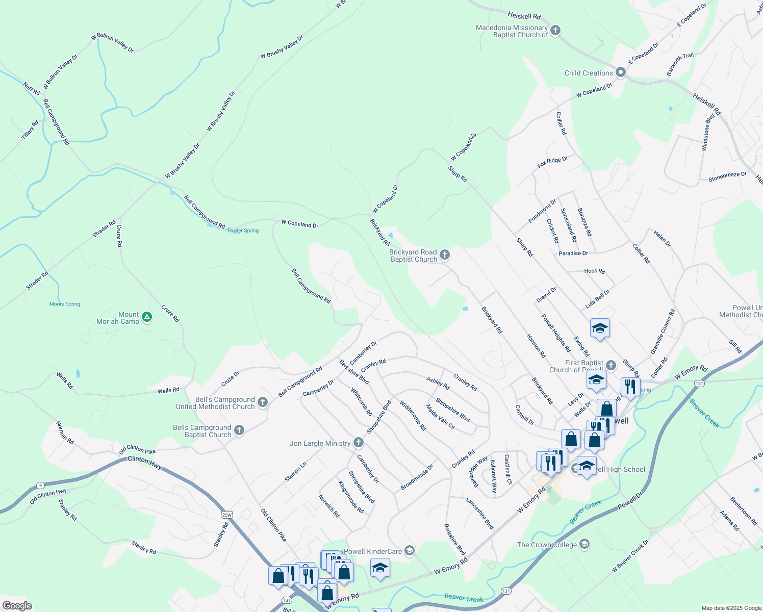 map of restaurants, bars, coffee shops, grocery stores, and more near 8244 Oak Terrace Lane in Powell