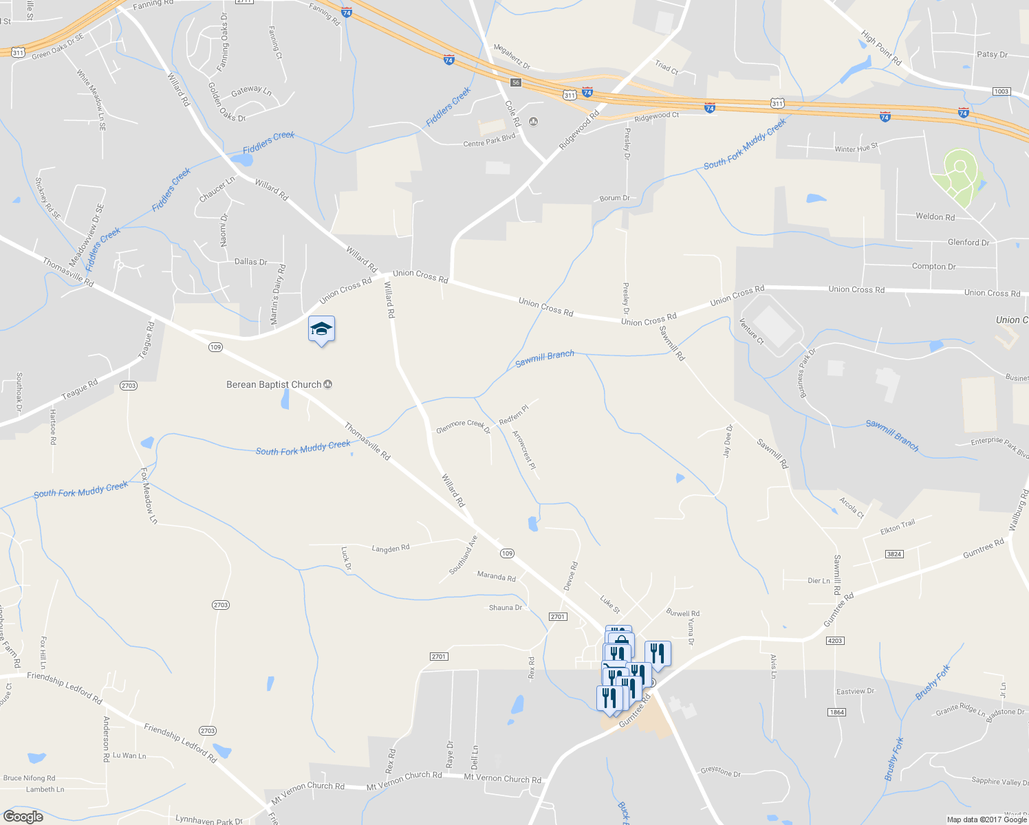 map of restaurants, bars, coffee shops, grocery stores, and more near 4446 Redfern Place in Winston-Salem