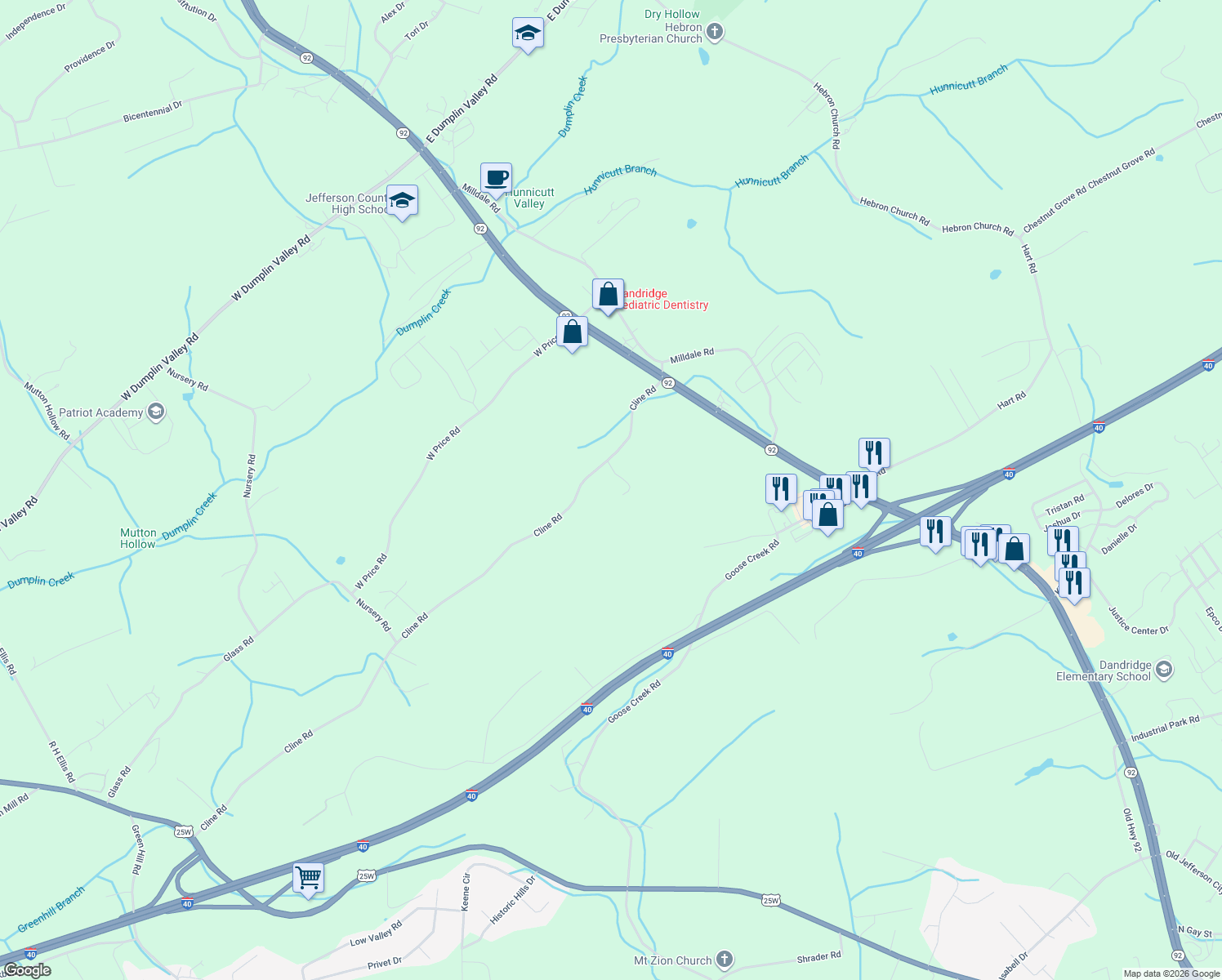 map of restaurants, bars, coffee shops, grocery stores, and more near 163 Rabbit Run Way in Dandridge