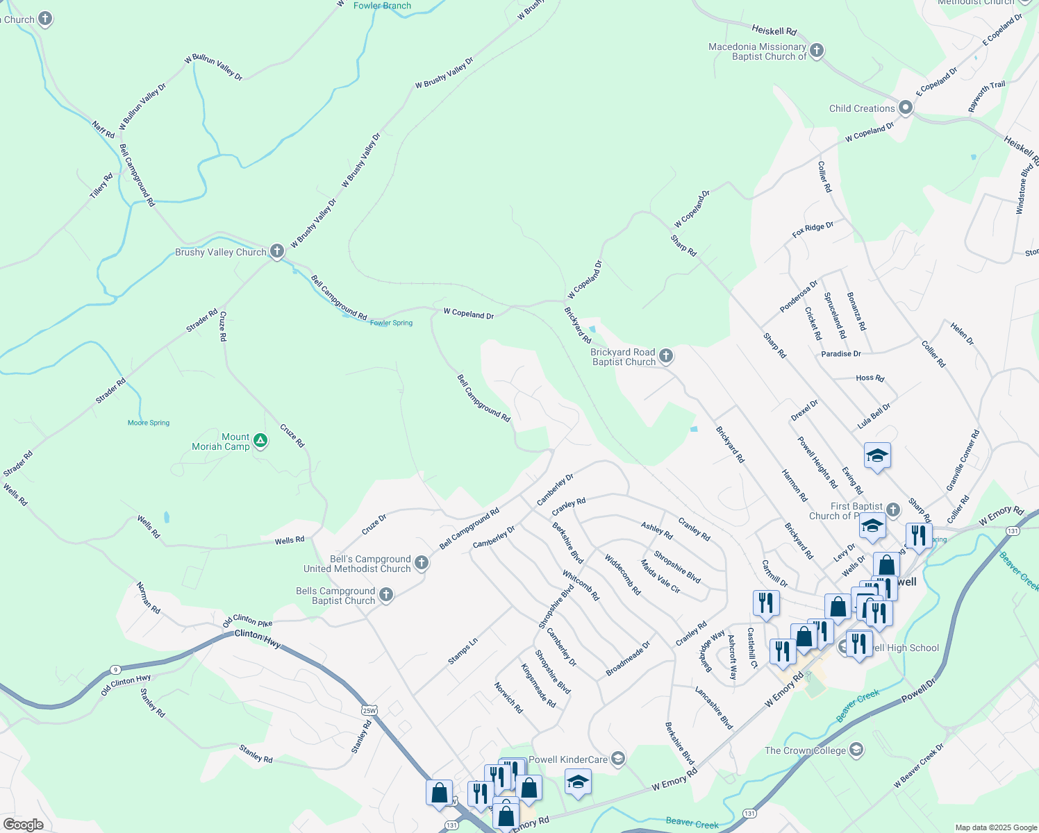 map of restaurants, bars, coffee shops, grocery stores, and more near 8206 Tangle Grove Lane in Powell