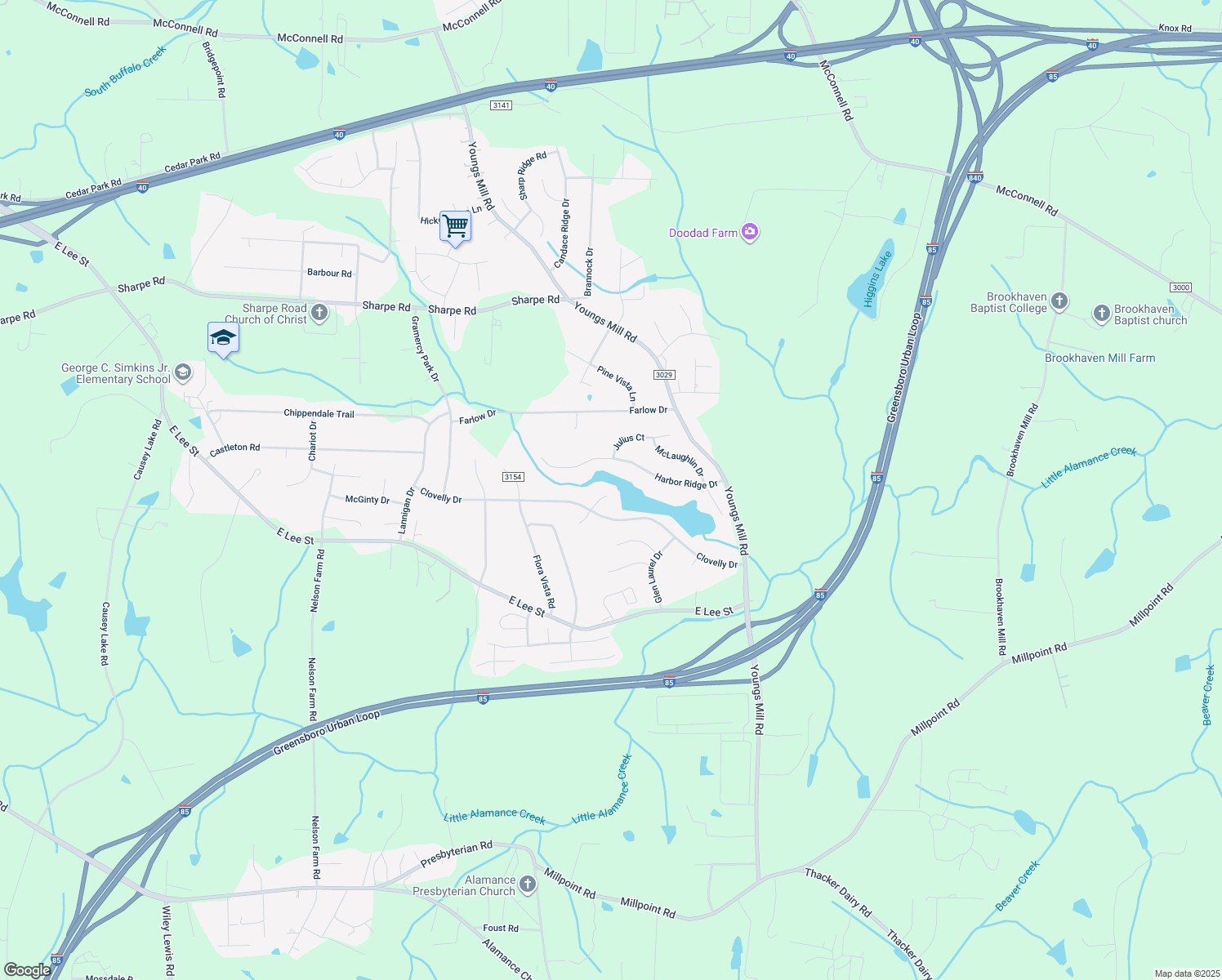 map of restaurants, bars, coffee shops, grocery stores, and more near 2200 Cabin Court in Greensboro