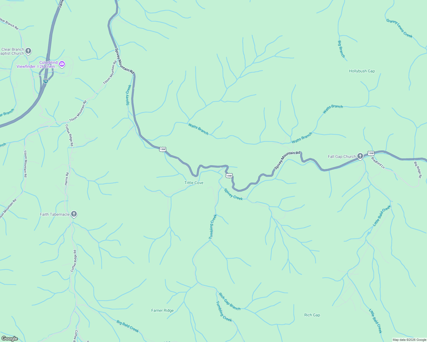 map of restaurants, bars, coffee shops, grocery stores, and more near 1000 Tumbling Creek Road in Erwin