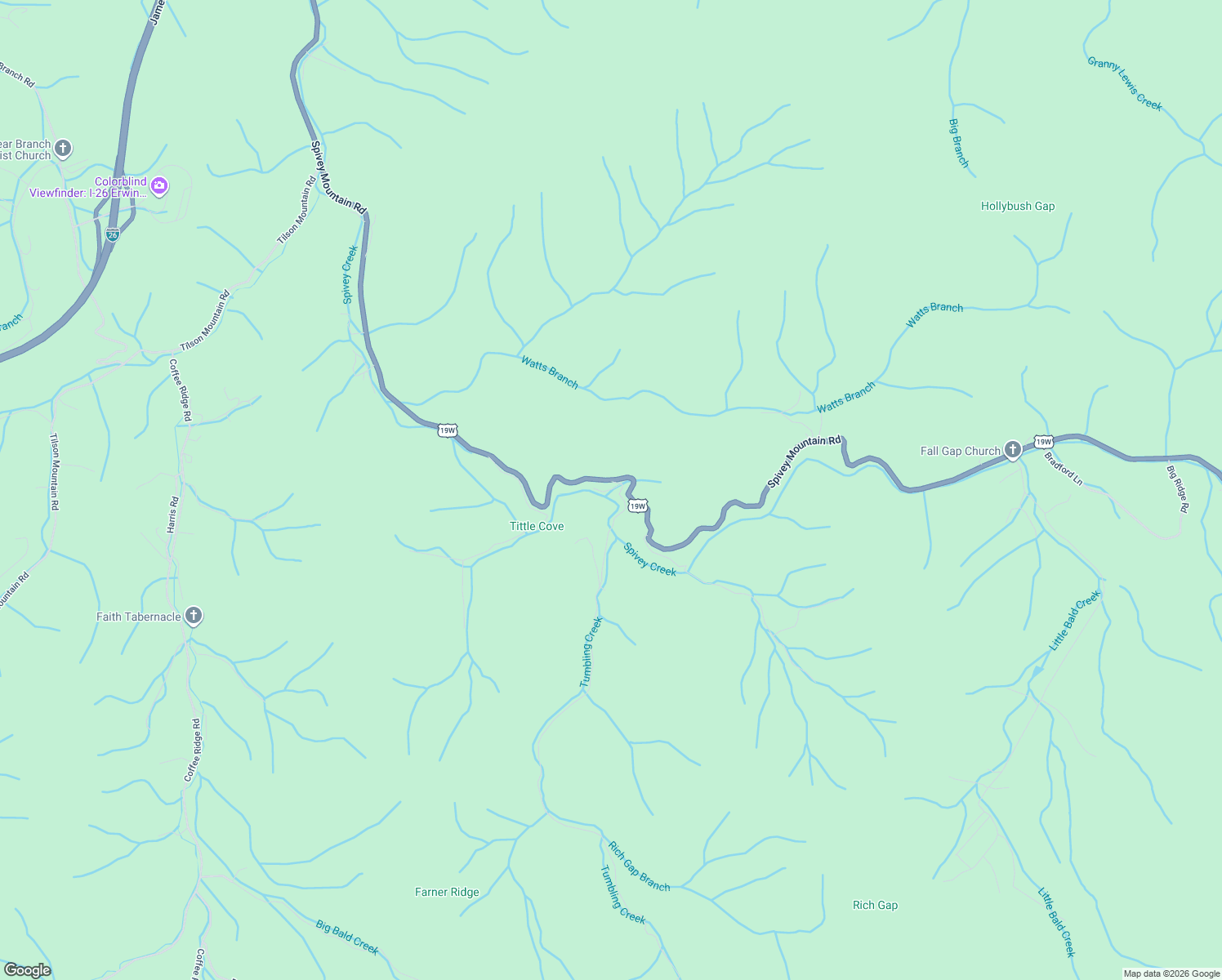 map of restaurants, bars, coffee shops, grocery stores, and more near 1000 Tumbling Creek Road in Erwin