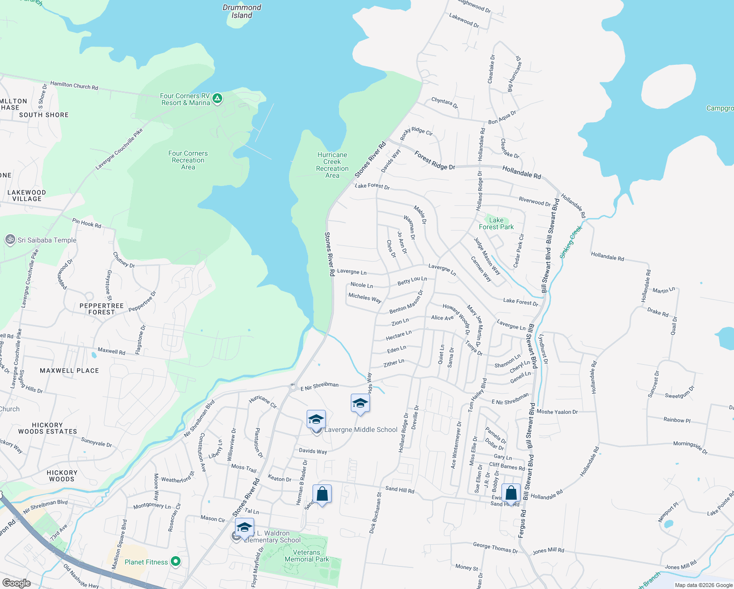 map of restaurants, bars, coffee shops, grocery stores, and more near 1410 Micheles Way in La Vergne