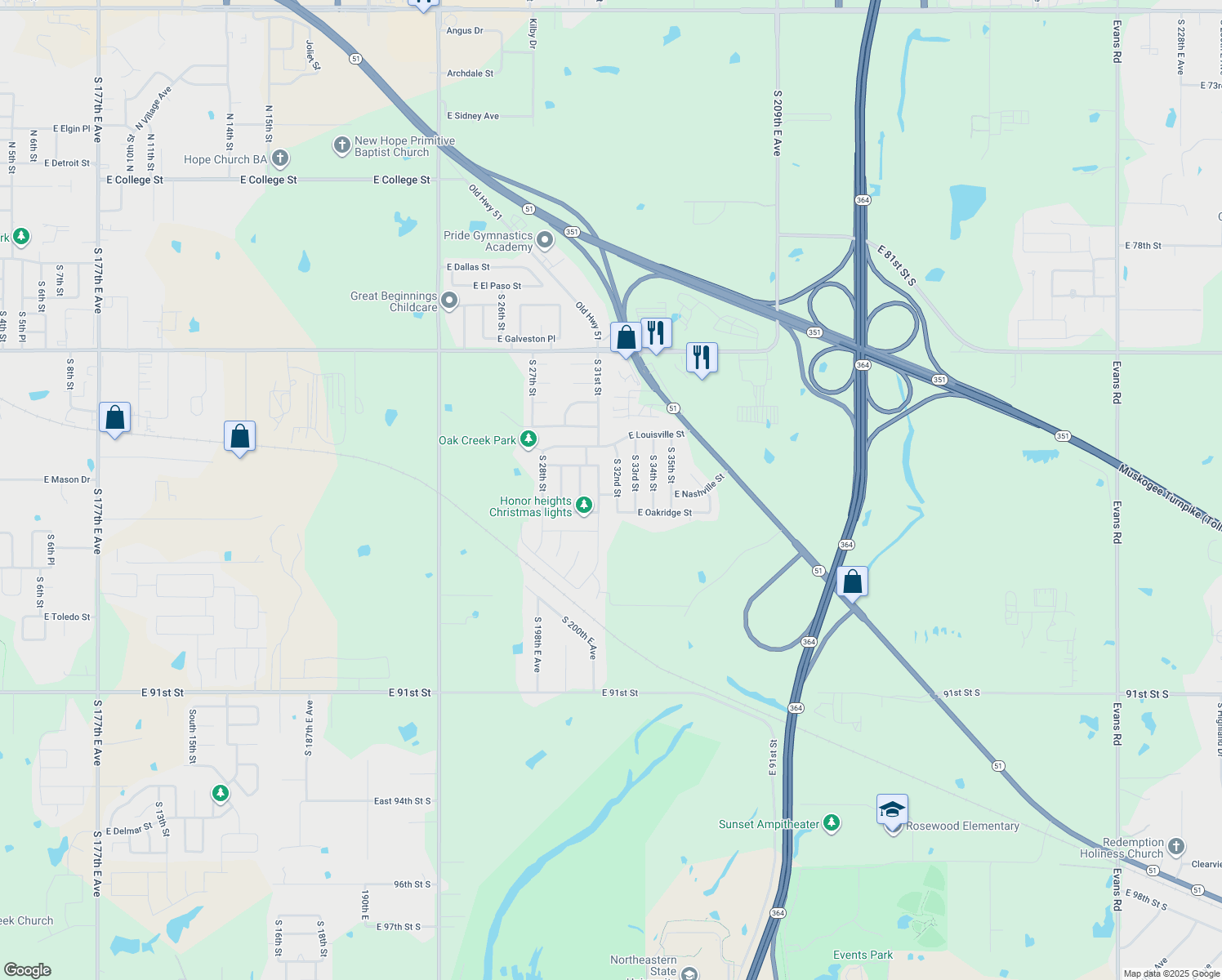 map of restaurants, bars, coffee shops, grocery stores, and more near 3104 E Nashville St in Broken Arrow