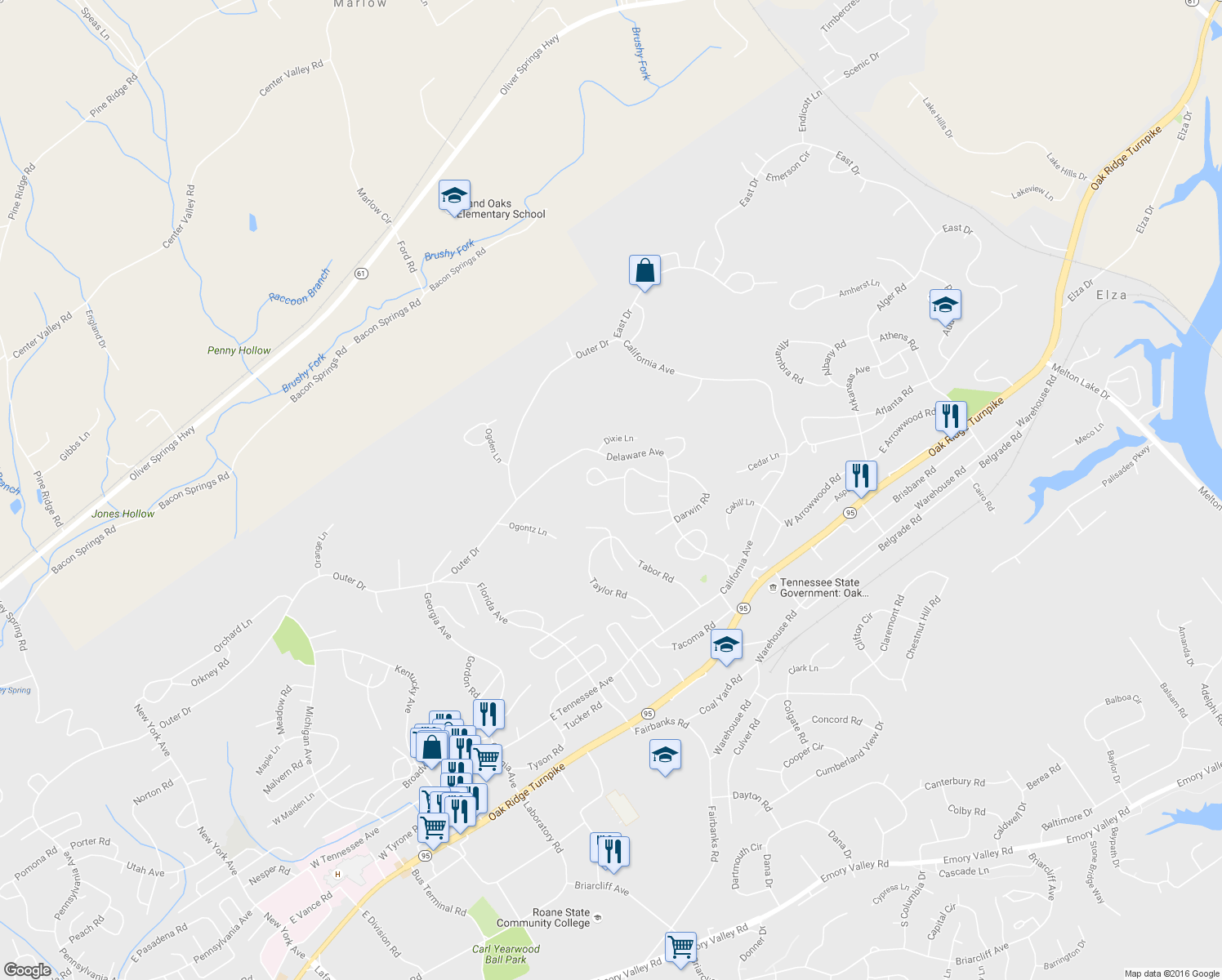 map of restaurants, bars, coffee shops, grocery stores, and more near 105 Delmar Circle in Oak Ridge