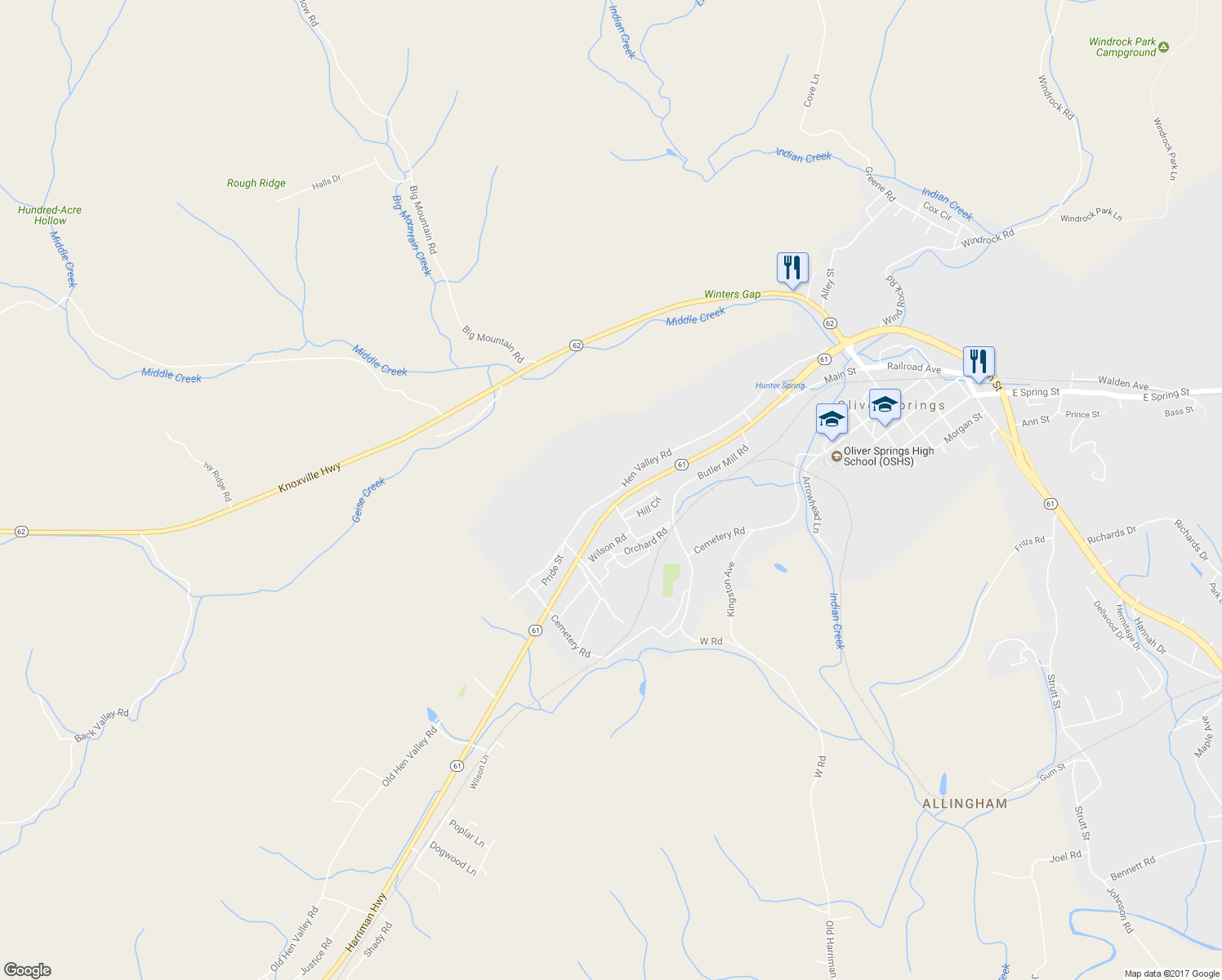 map of restaurants, bars, coffee shops, grocery stores, and more near 678 Hen Valley Road in Oliver Springs