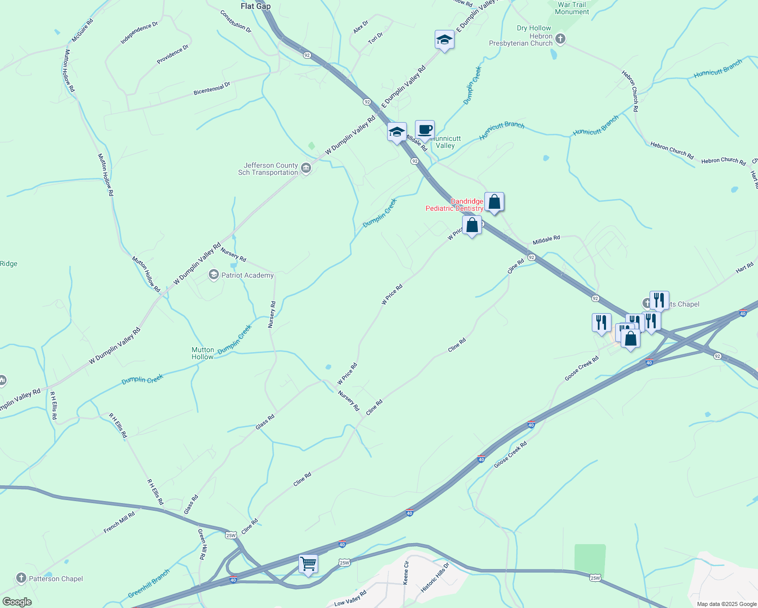 map of restaurants, bars, coffee shops, grocery stores, and more near 210-258 West Price Road in Dandridge