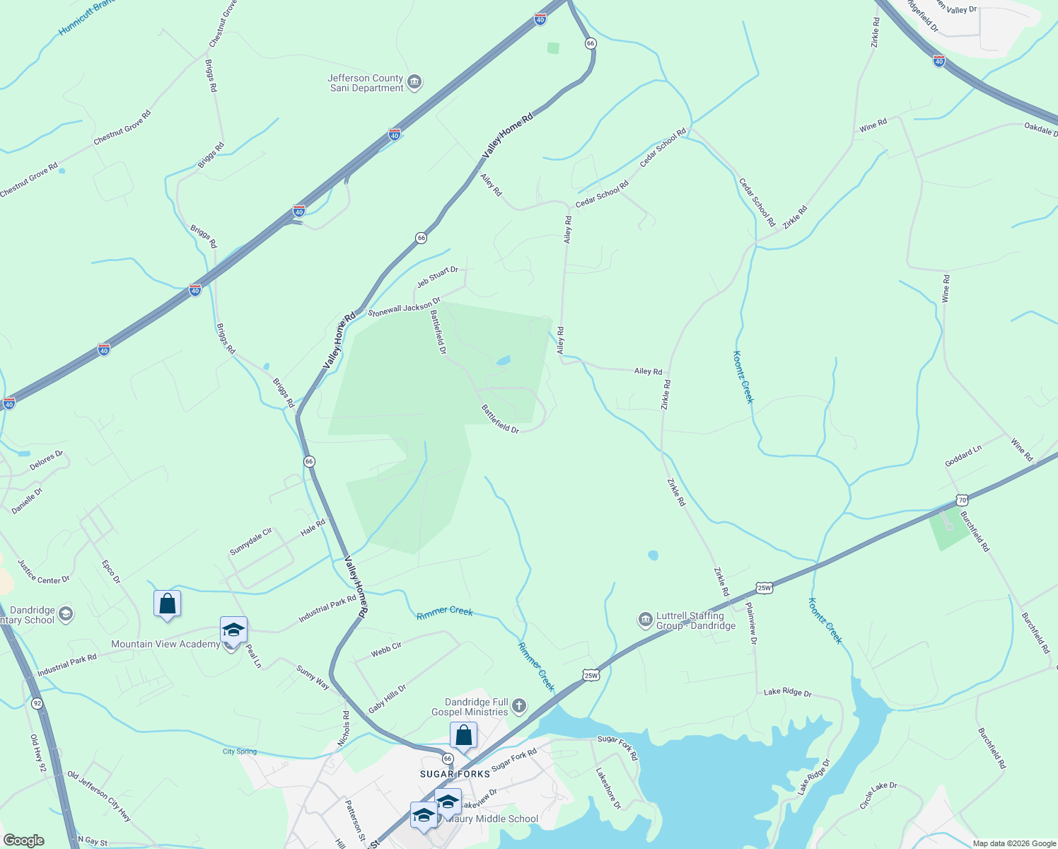 map of restaurants, bars, coffee shops, grocery stores, and more near 302 Battlefield Drive in Dandridge