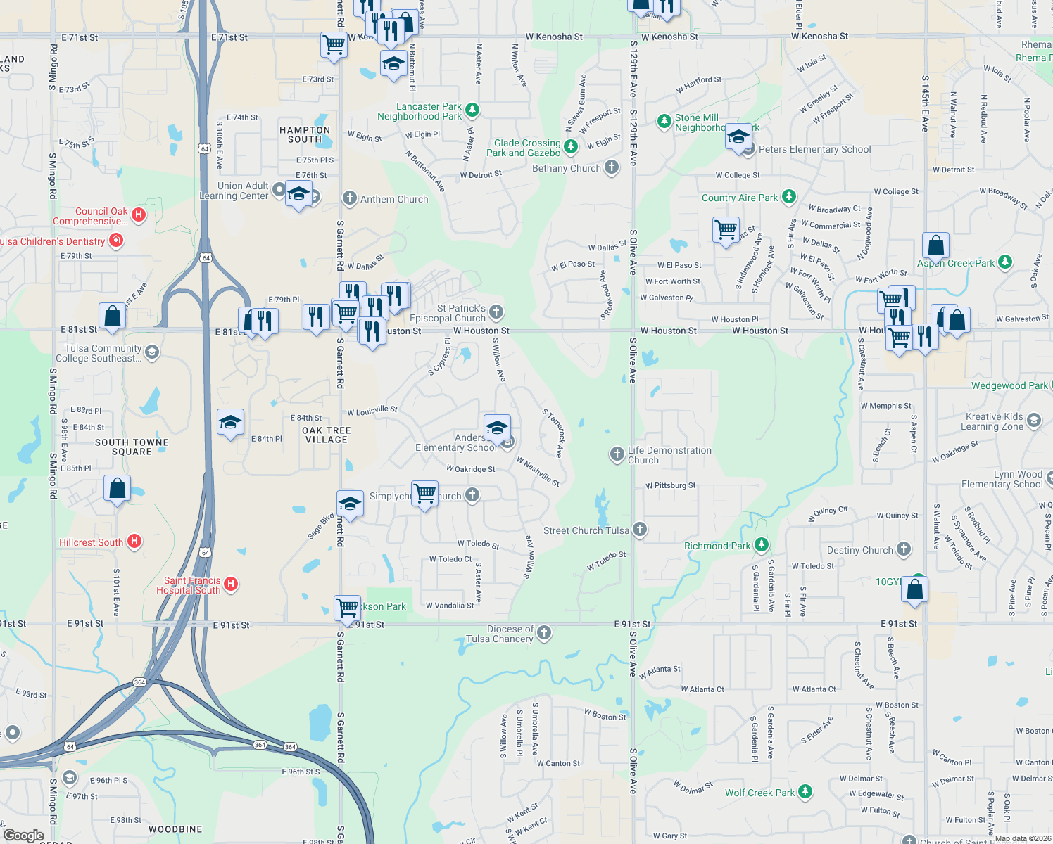 map of restaurants, bars, coffee shops, grocery stores, and more near 1105 South Willow Avenue in Broken Arrow
