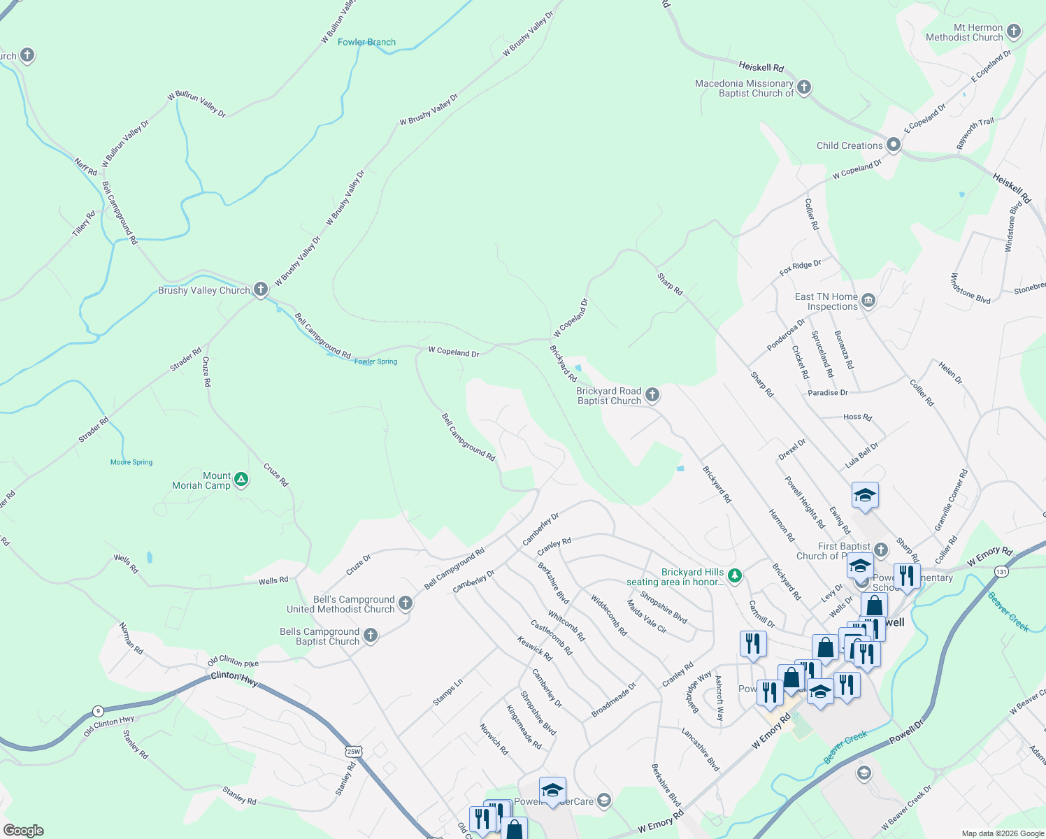 map of restaurants, bars, coffee shops, grocery stores, and more near 8317 Timber Ridge Lane in Powell