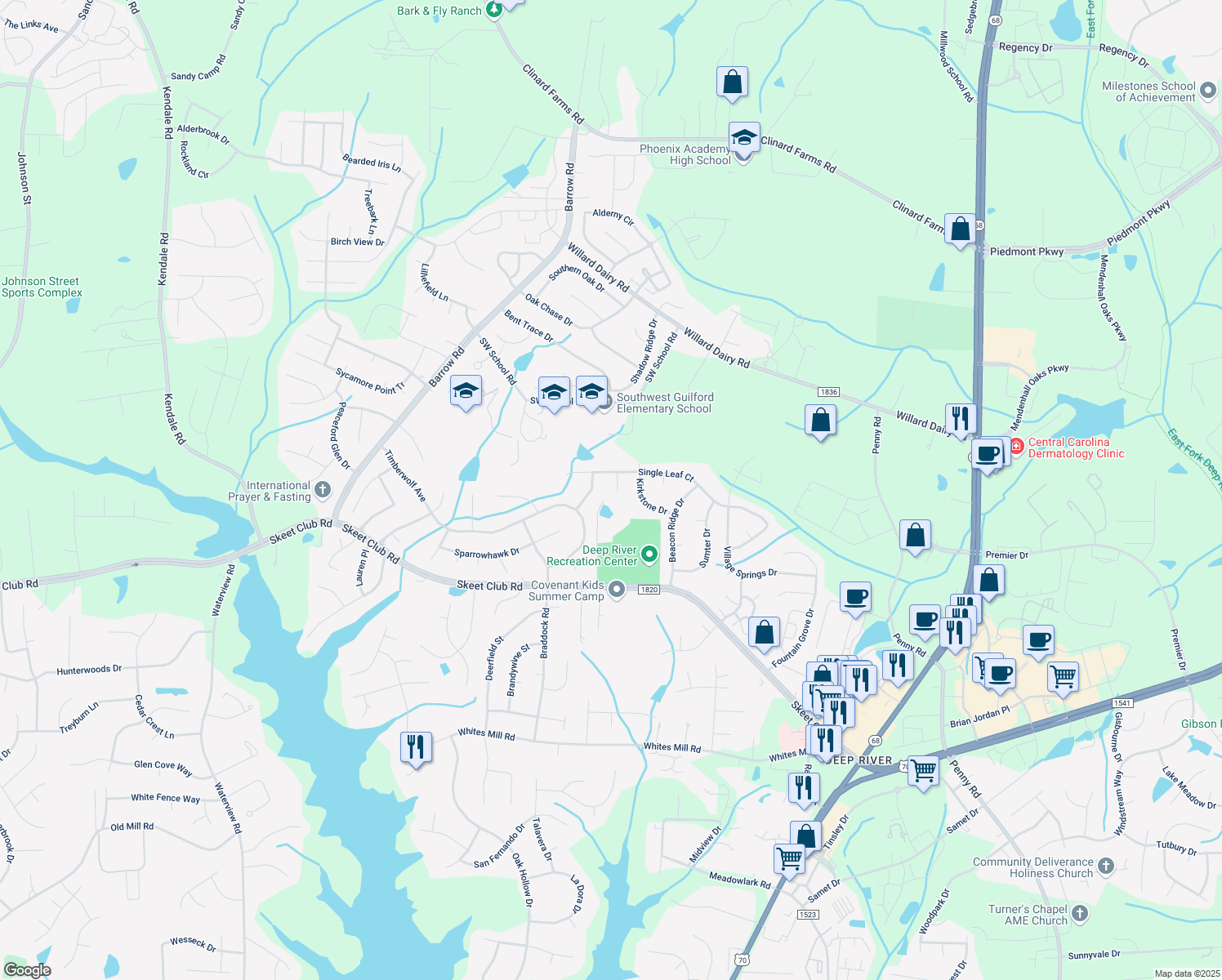 map of restaurants, bars, coffee shops, grocery stores, and more near 4117 Ballard Pond Dr in High Point