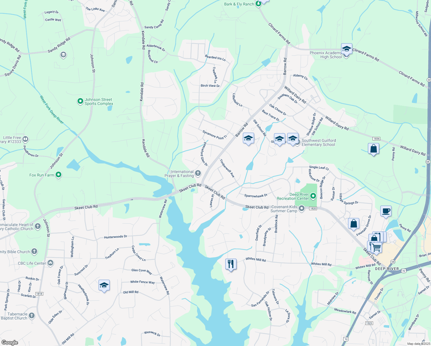 map of restaurants, bars, coffee shops, grocery stores, and more near 4316 Bradbury Way in High Point