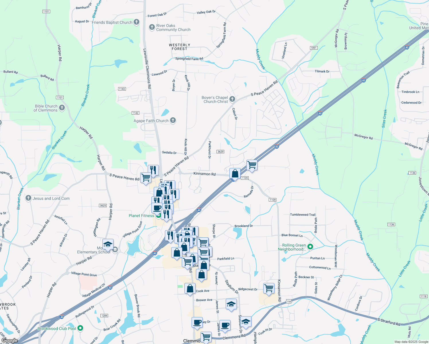 map of restaurants, bars, coffee shops, grocery stores, and more near 4819 Kinnamon Road in Winston-Salem
