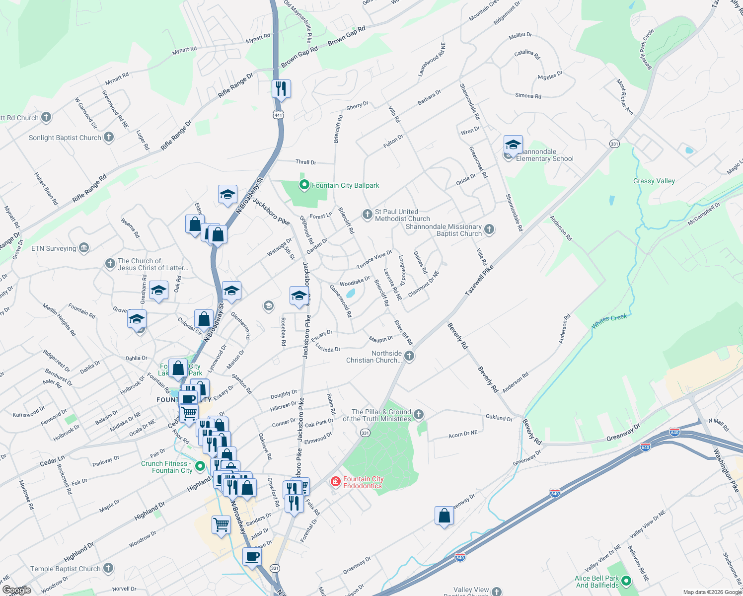 map of restaurants, bars, coffee shops, grocery stores, and more near 3825 Longwood Drive in Knoxville