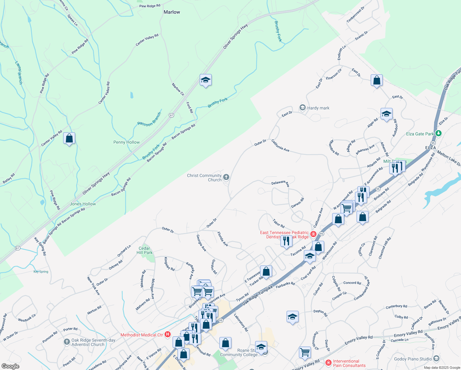 map of restaurants, bars, coffee shops, grocery stores, and more near 69 Outer Dr in Oak Ridge