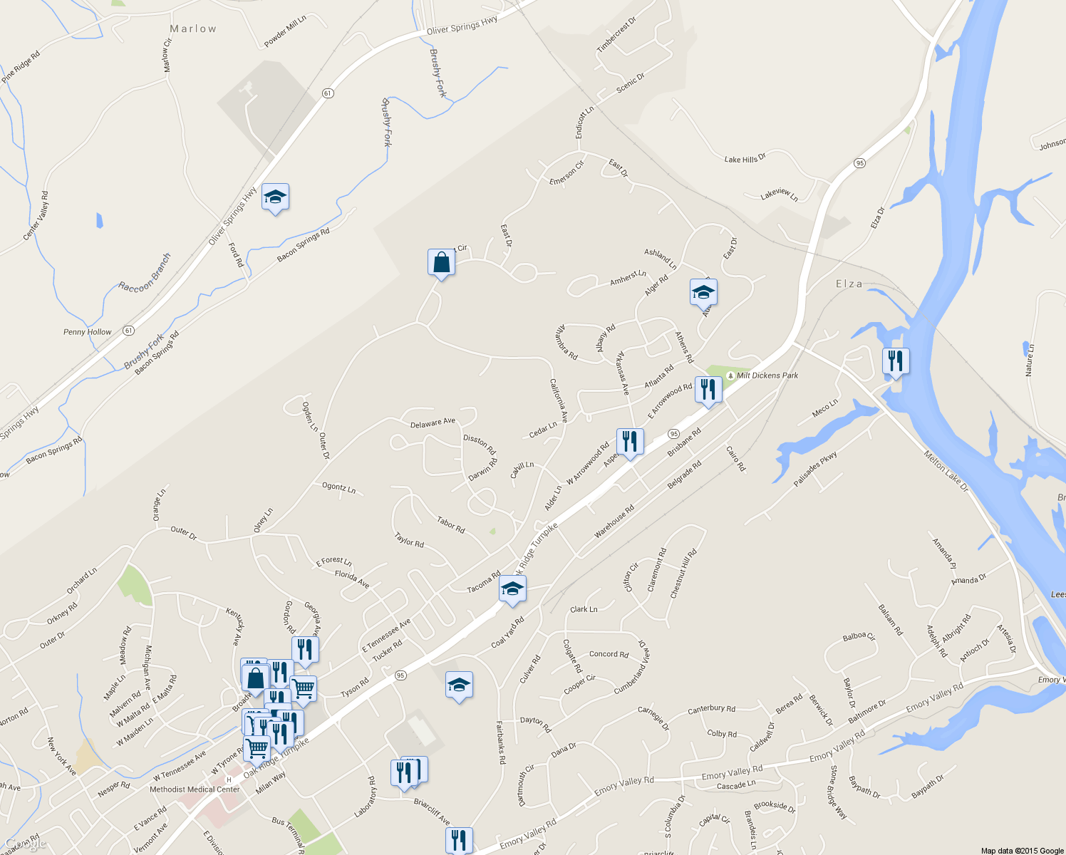 map of restaurants, bars, coffee shops, grocery stores, and more near 110 Cedar Ln in Oak Ridge