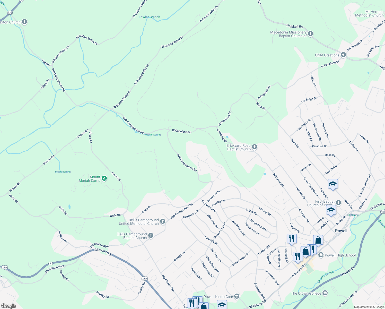 map of restaurants, bars, coffee shops, grocery stores, and more near 2339 Cripple Oak Lane in Powell