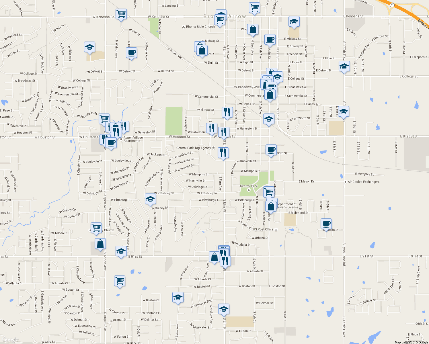 map of restaurants, bars, coffee shops, grocery stores, and more near 804 West Memphis Street in Broken Arrow