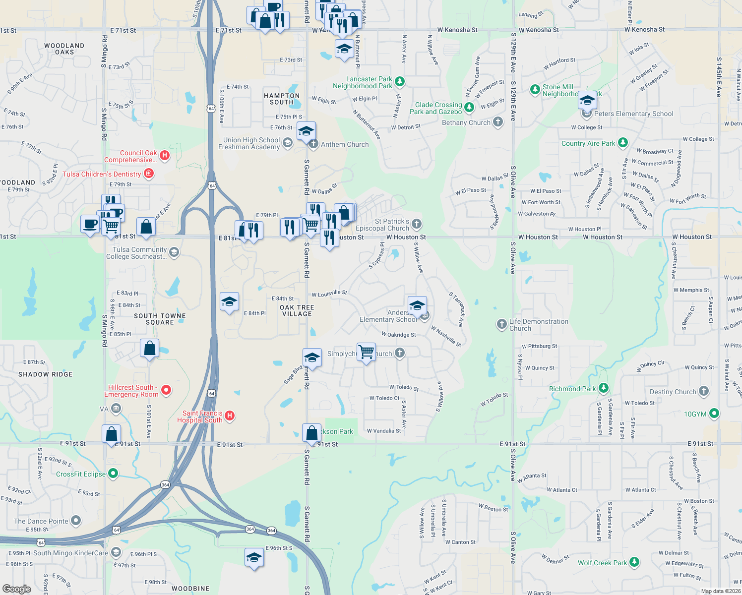 map of restaurants, bars, coffee shops, grocery stores, and more near 4604 West Louisville Street in Broken Arrow