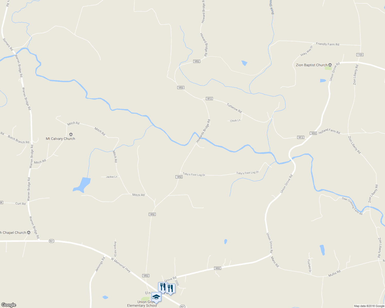 map of restaurants, bars, coffee shops, grocery stores, and more near 430 Howards Bridge Road in Union Grove