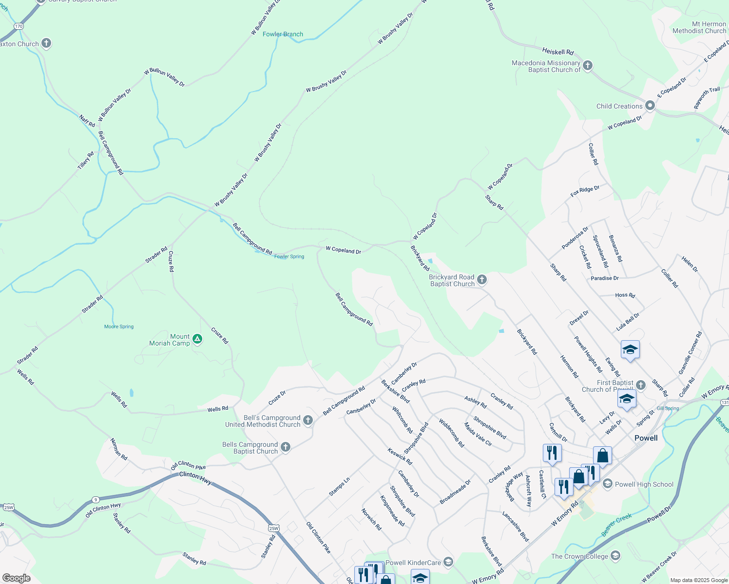 map of restaurants, bars, coffee shops, grocery stores, and more near 2339 Cripple Oak Lane in Powell