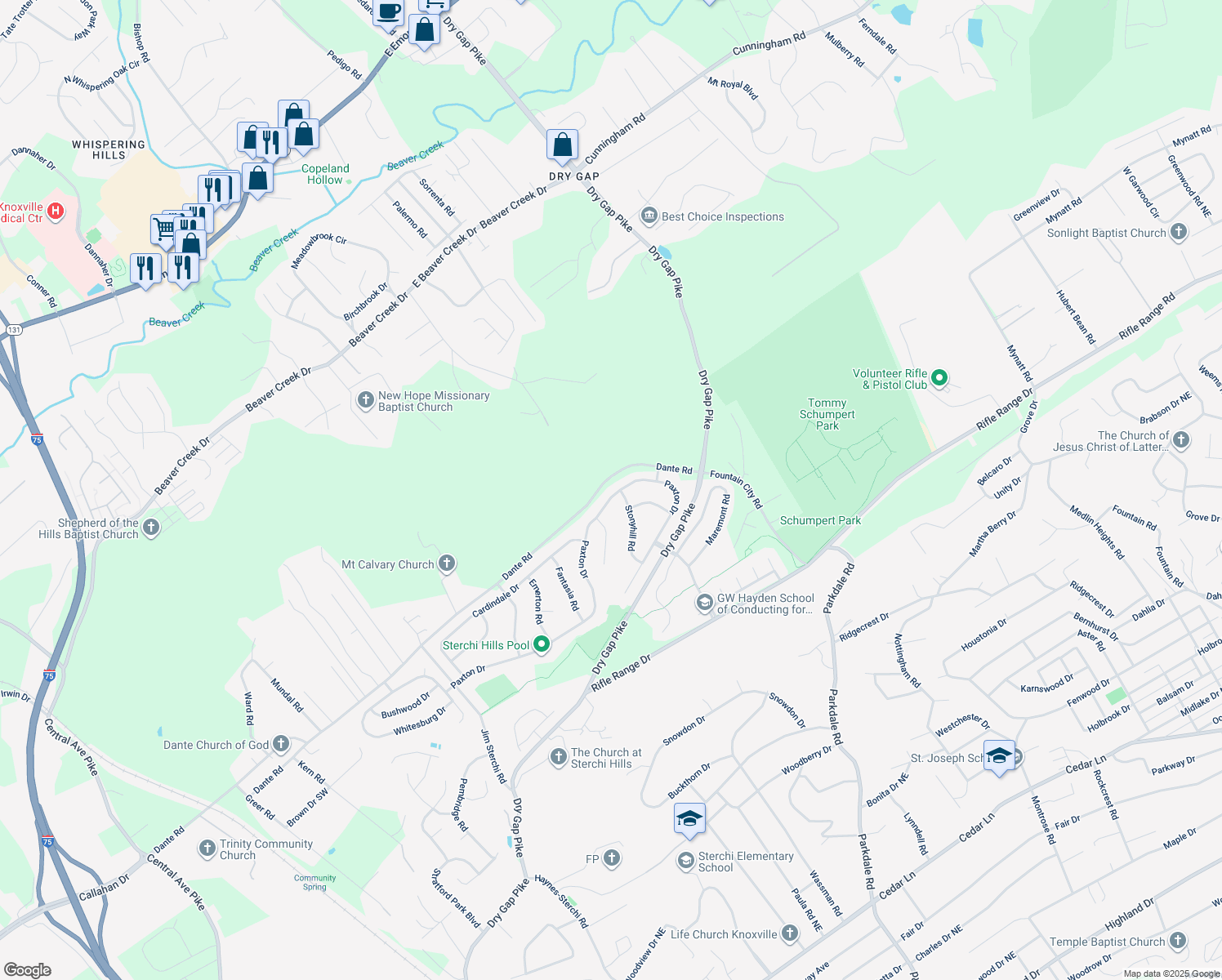 map of restaurants, bars, coffee shops, grocery stores, and more near 1231 Paxton Drive in Knoxville
