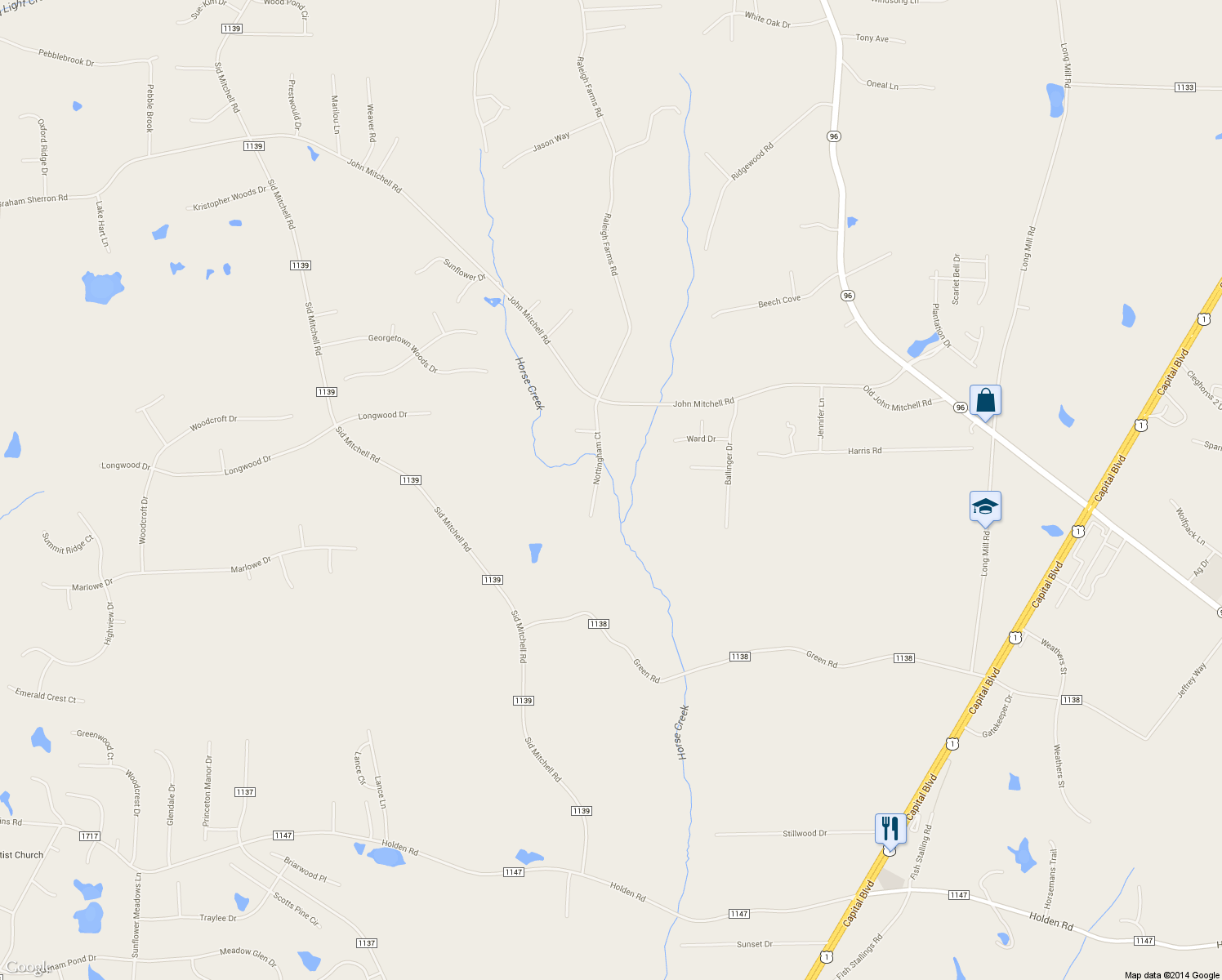 map of restaurants, bars, coffee shops, grocery stores, and more near 121 Nottingham Court in Youngsville